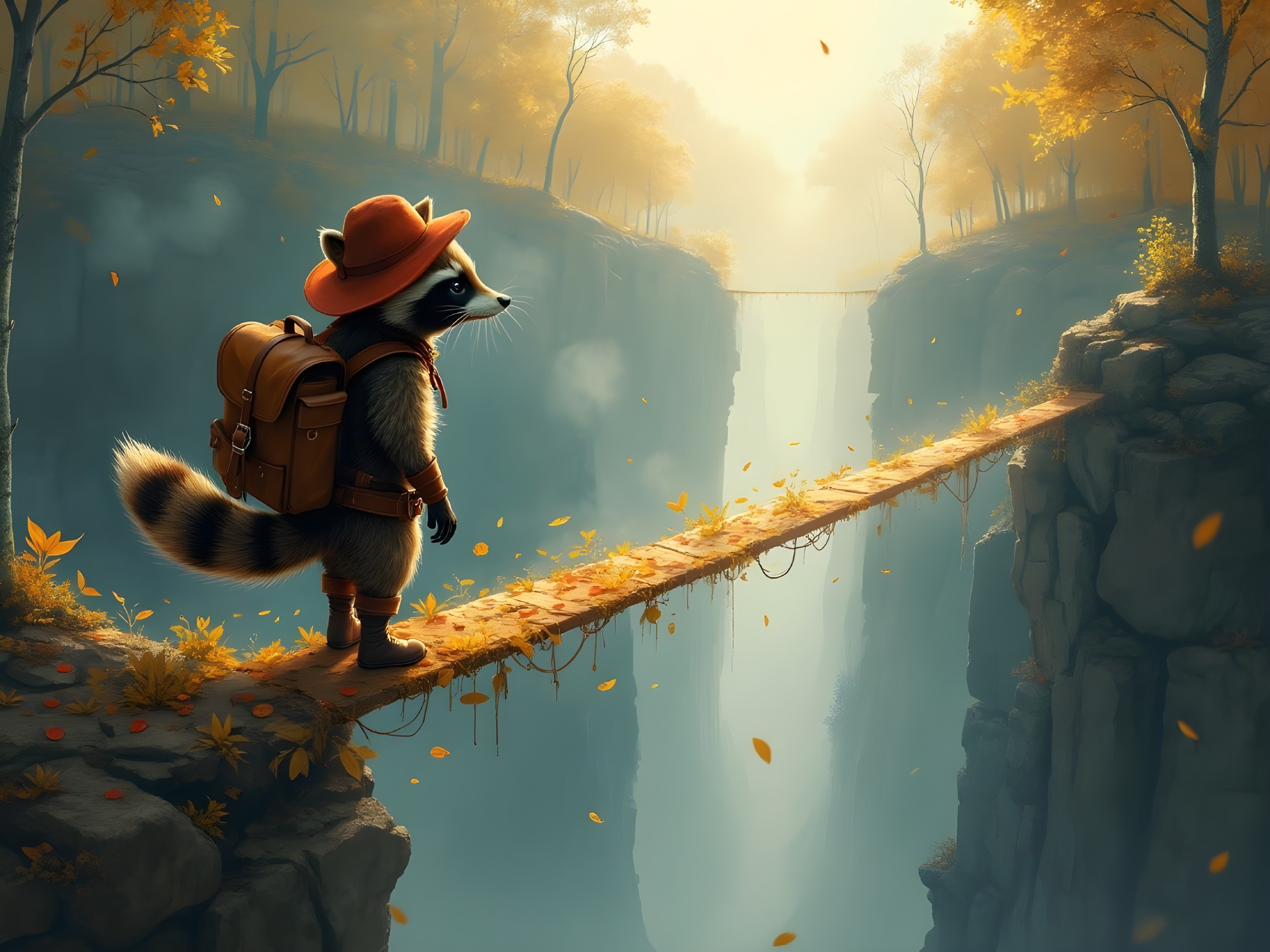 Whimsical Raccoon on Leafy Bridge in Autumn Scene