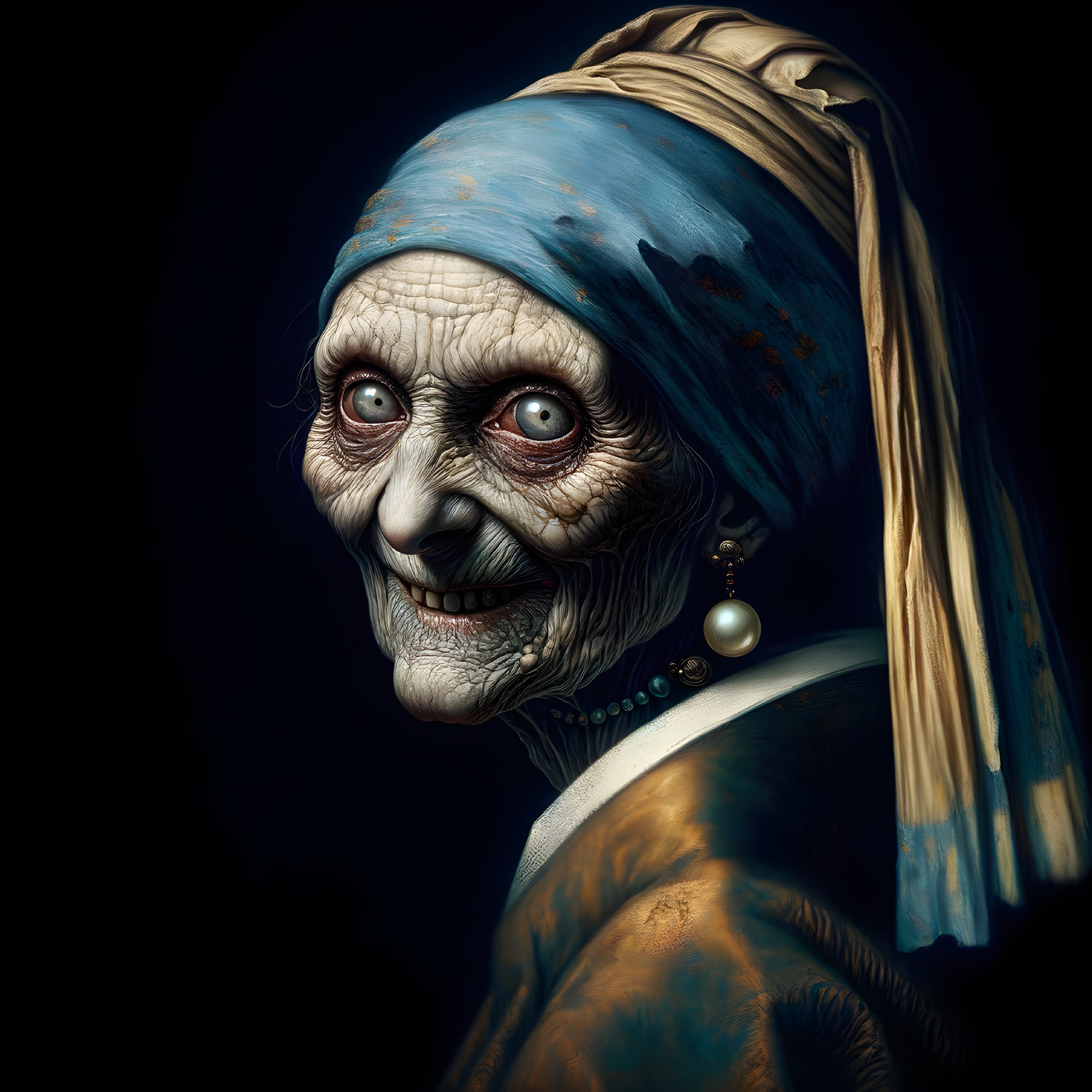 Hyper-realistic portrait of smiling elderly woman with blue headscarf and gold earring on dark background
