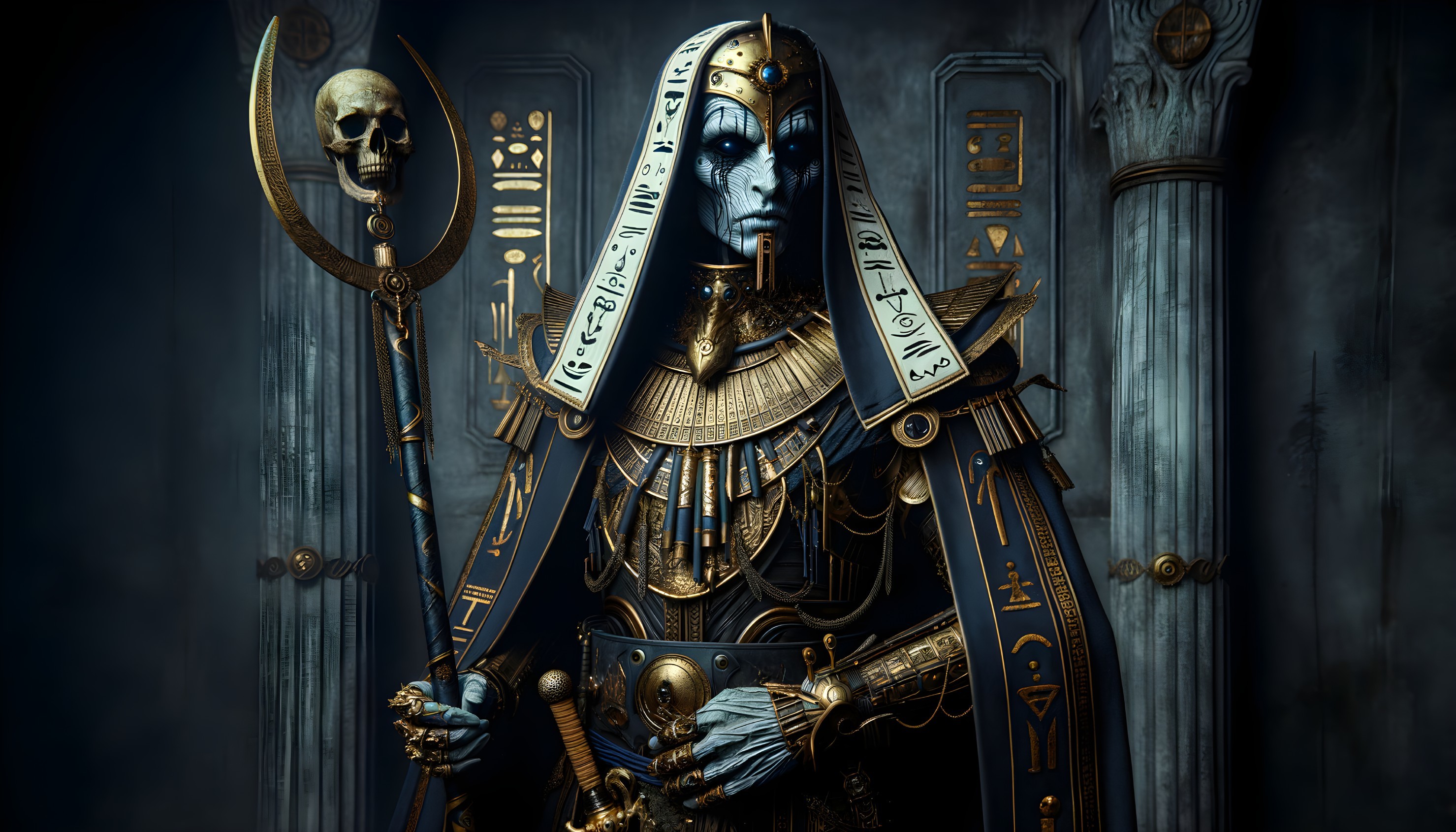 Regal Figure with Egyptian Aesthetics and Hieroglyphs