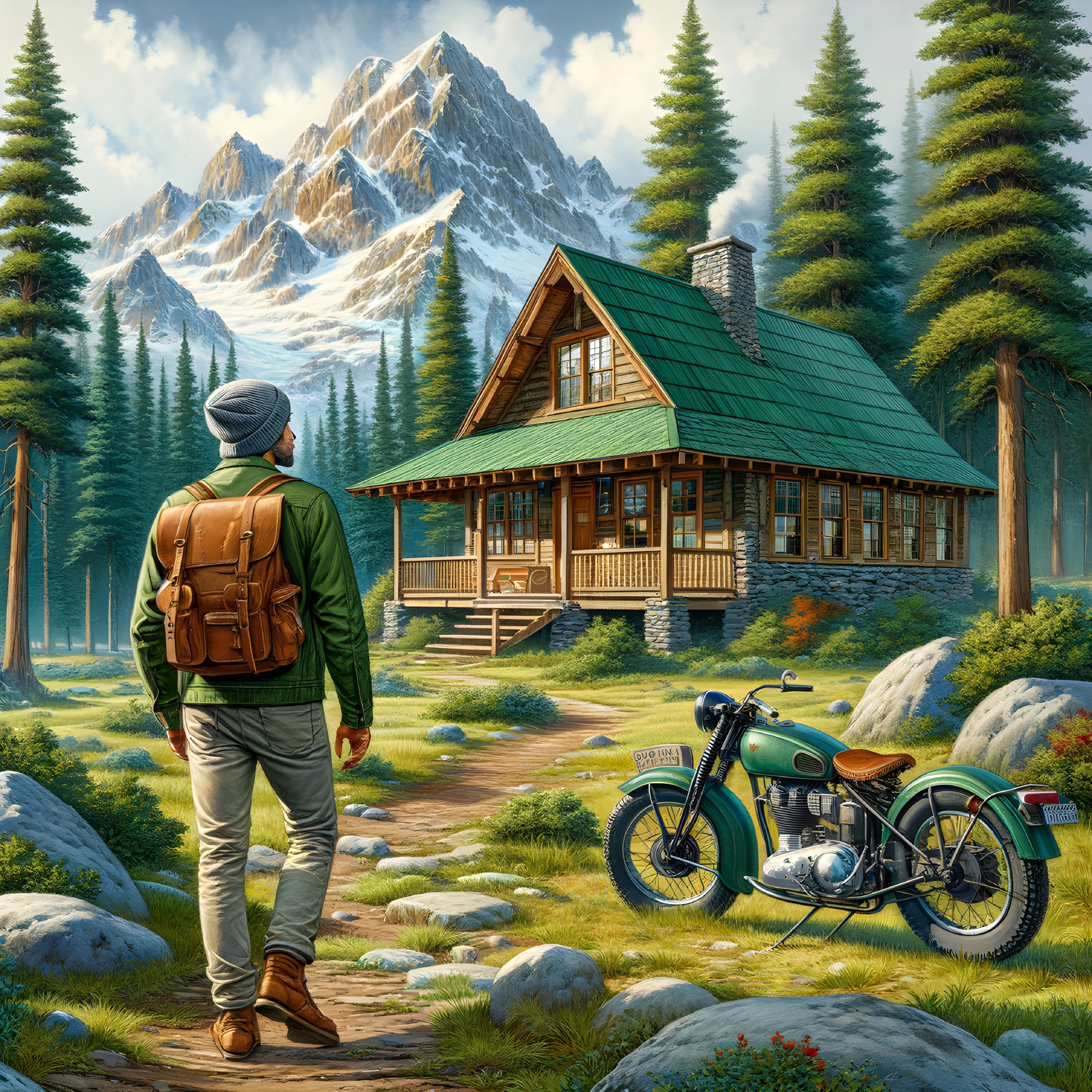 Man on Forest Path by Rustic Cabin and Motorcycle