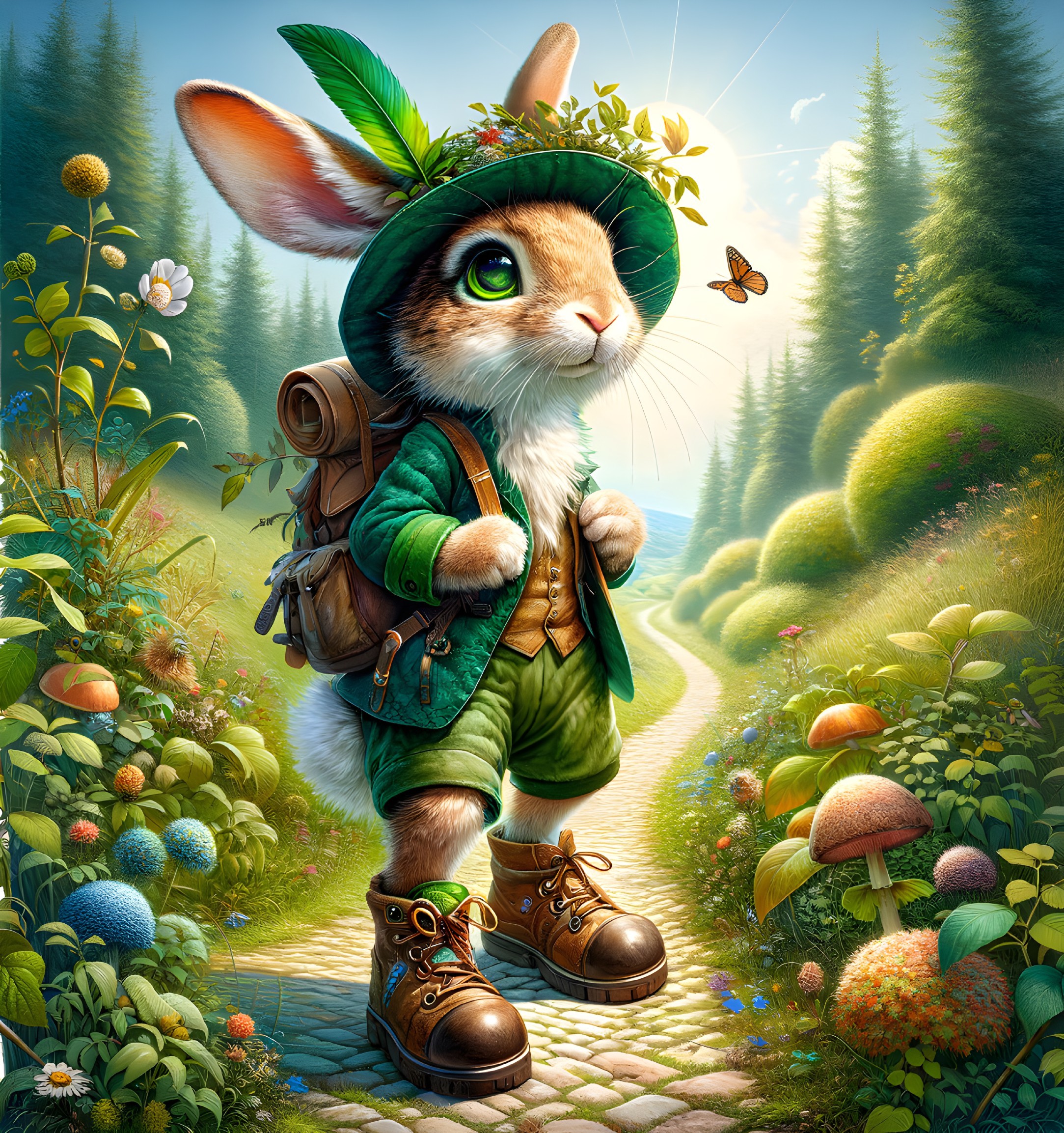 Whimsical Rabbit in Green Outfit on Sunlit Path