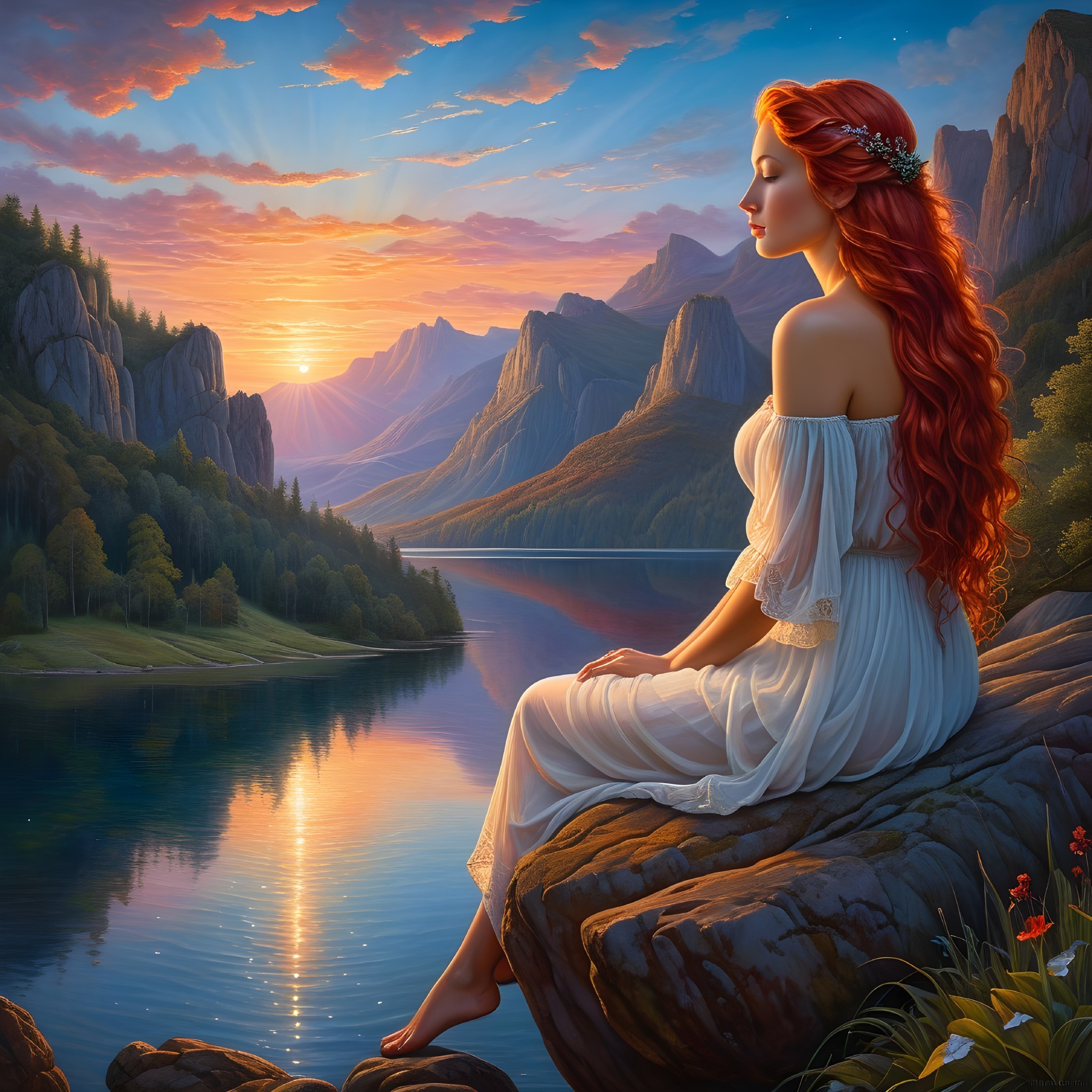Serene woman by a tranquil lake at sunset