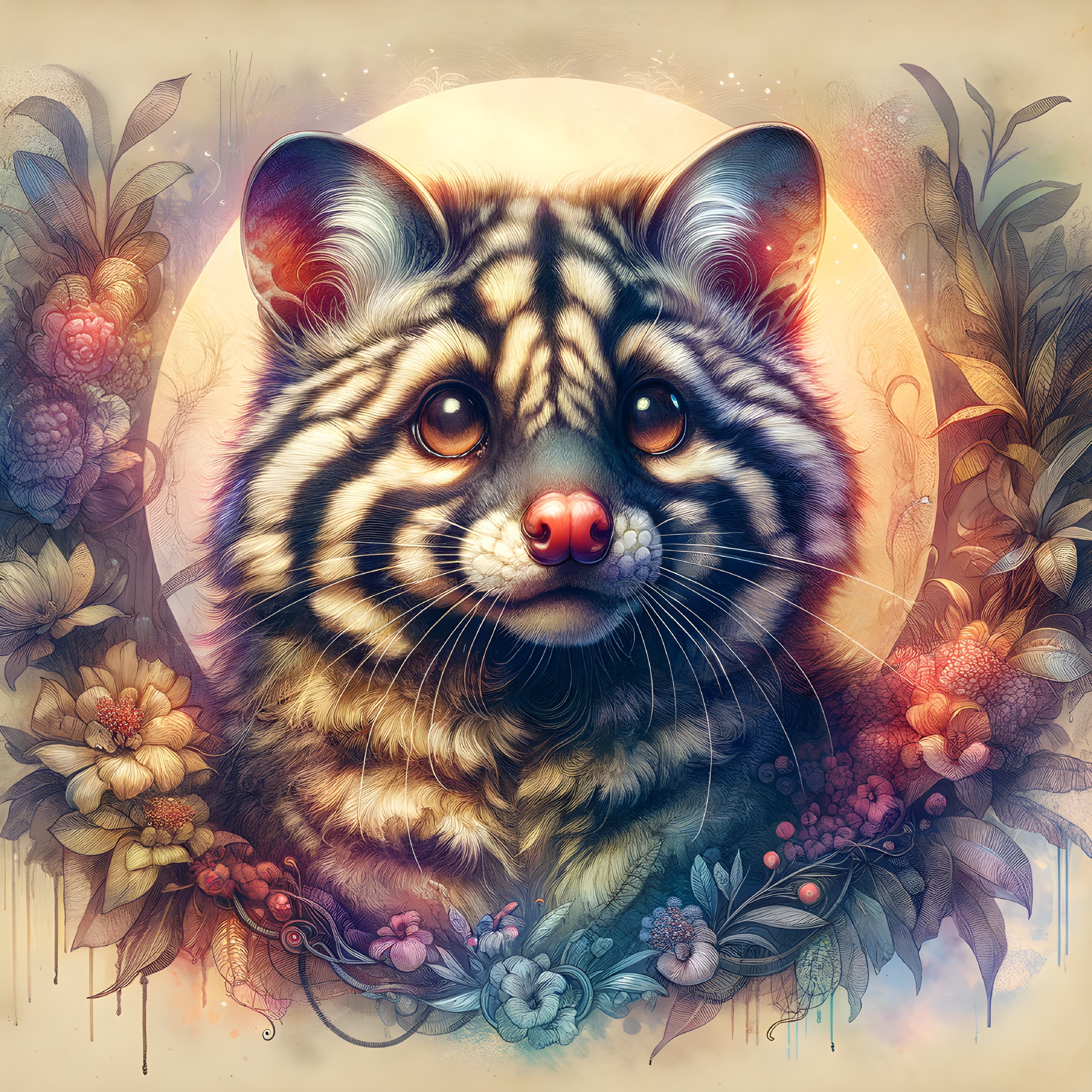 Whimsical Raccoon Creature with Floral Motifs and Moon