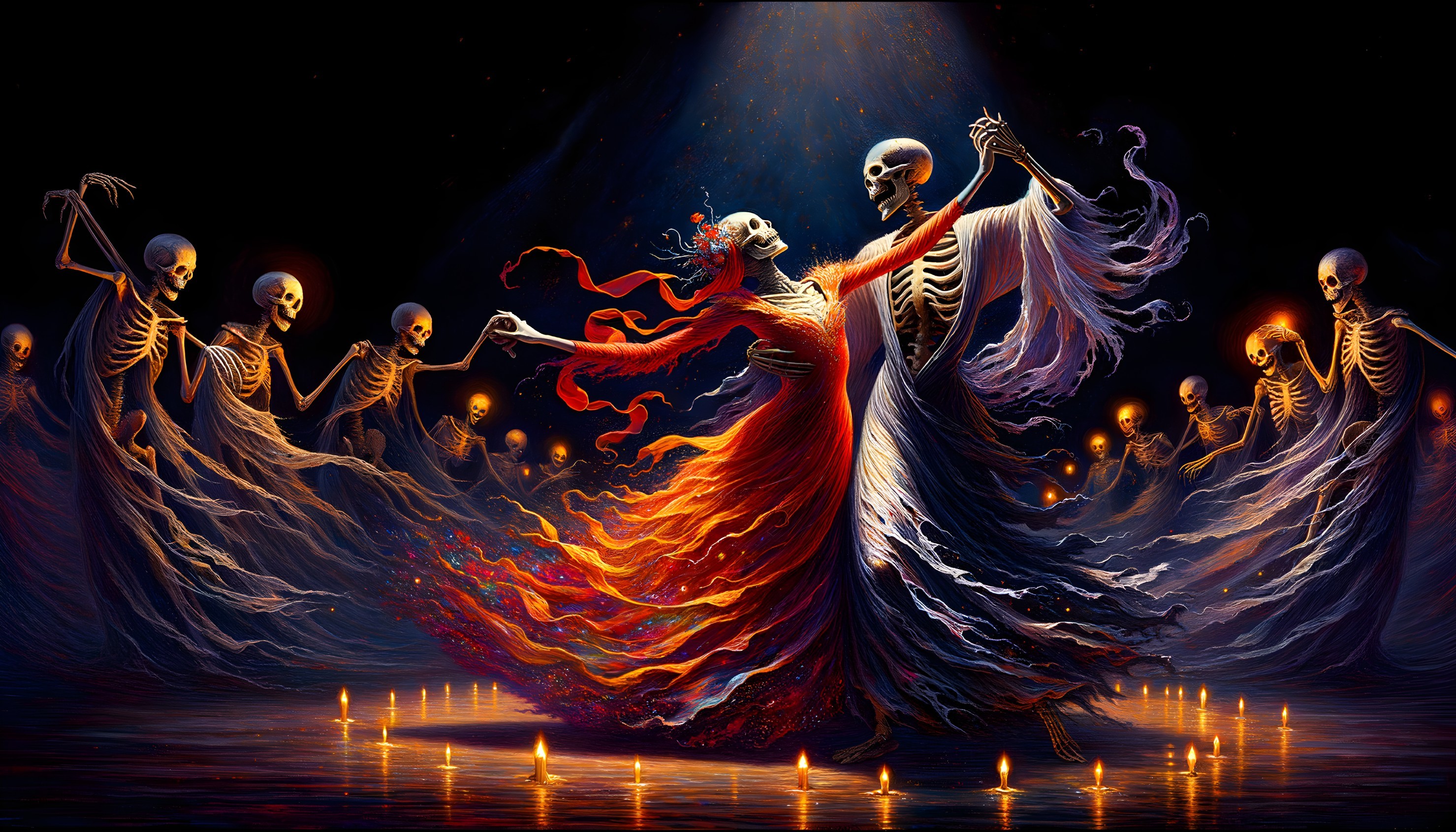 Dancing Skeletons in a Mystical Afterlife Scene