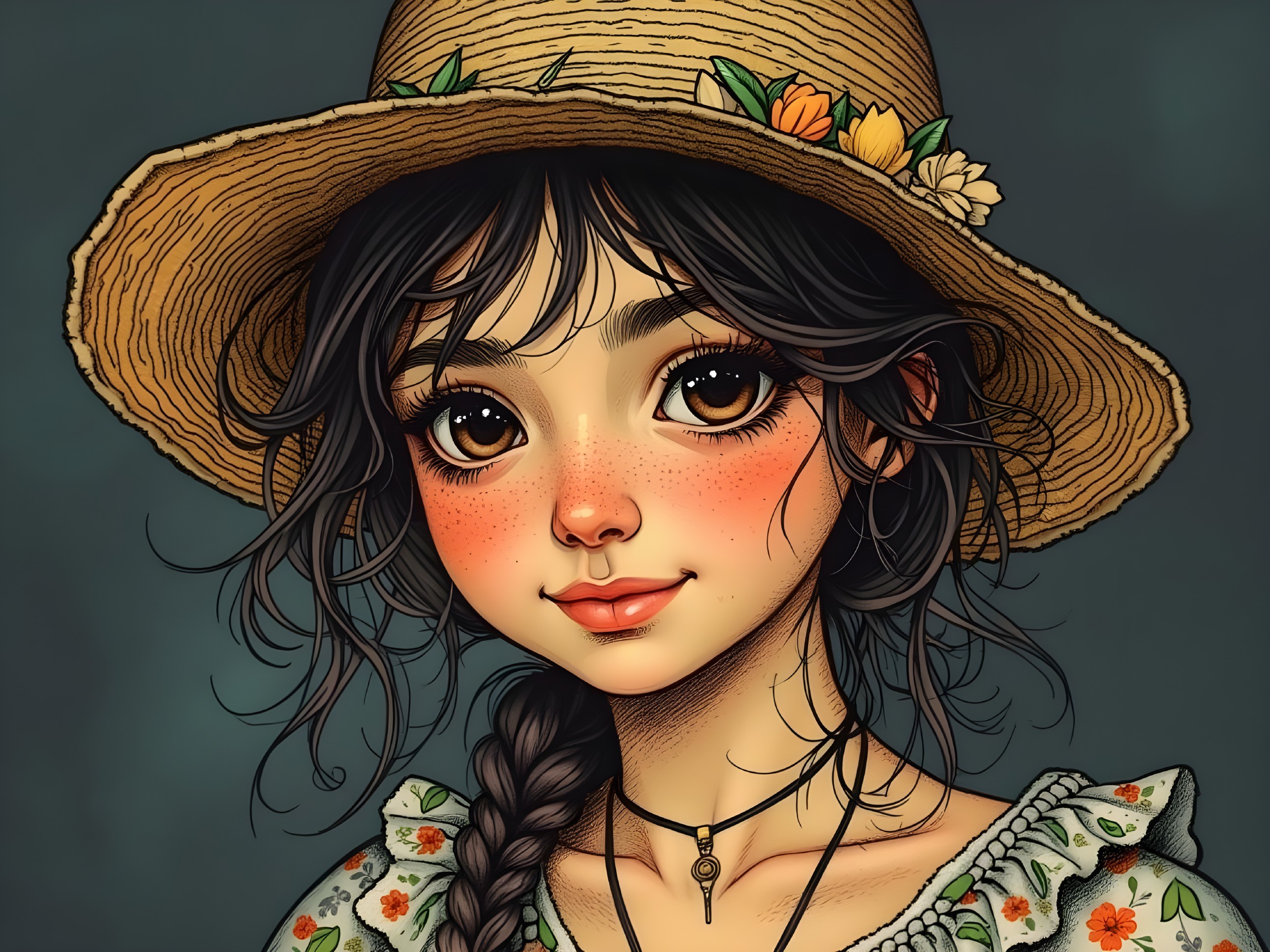 Young girl in floral attire with a straw hat