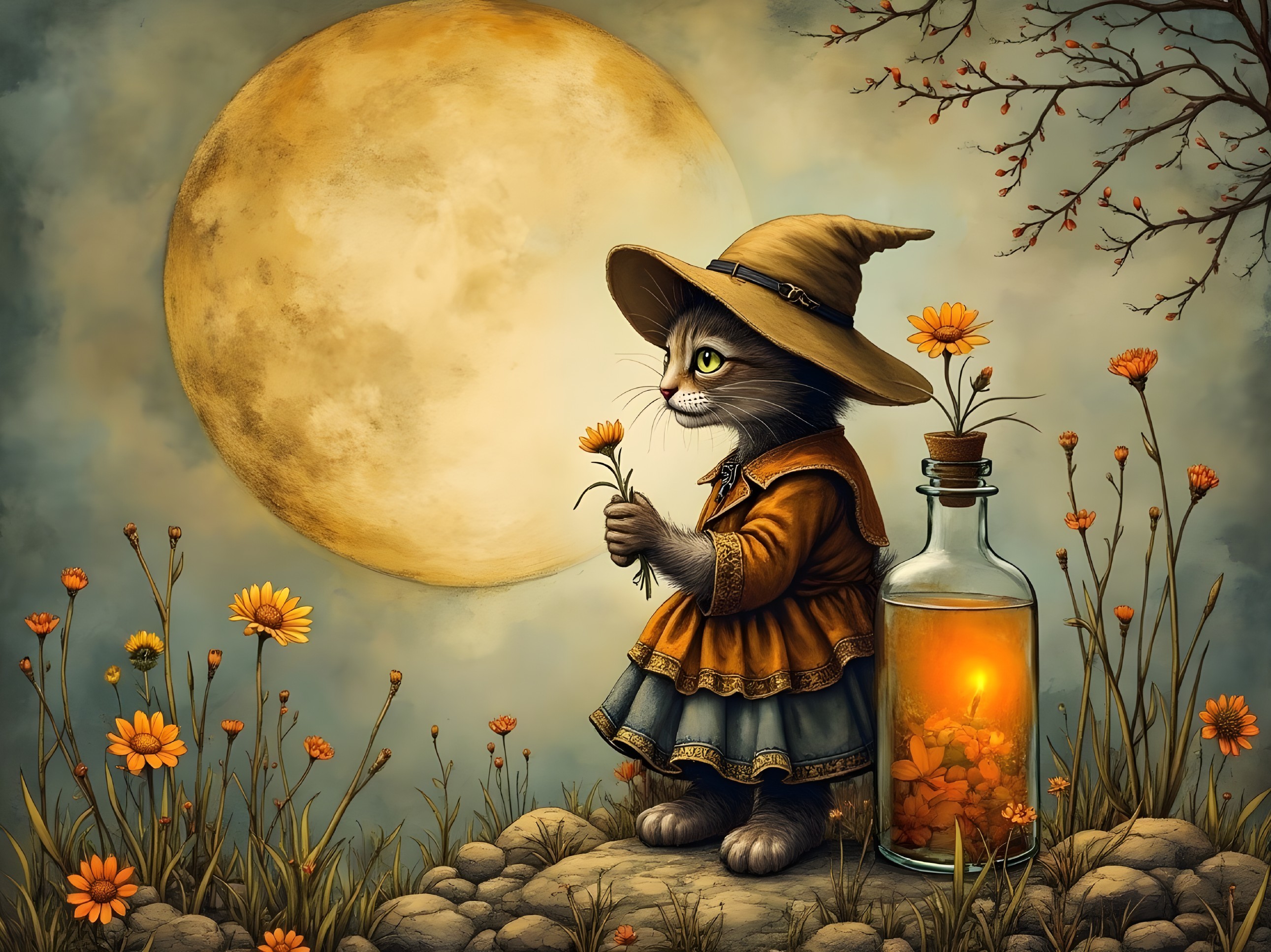 Whimsical Cartoon Cat in Enchanted Moonlit Scene