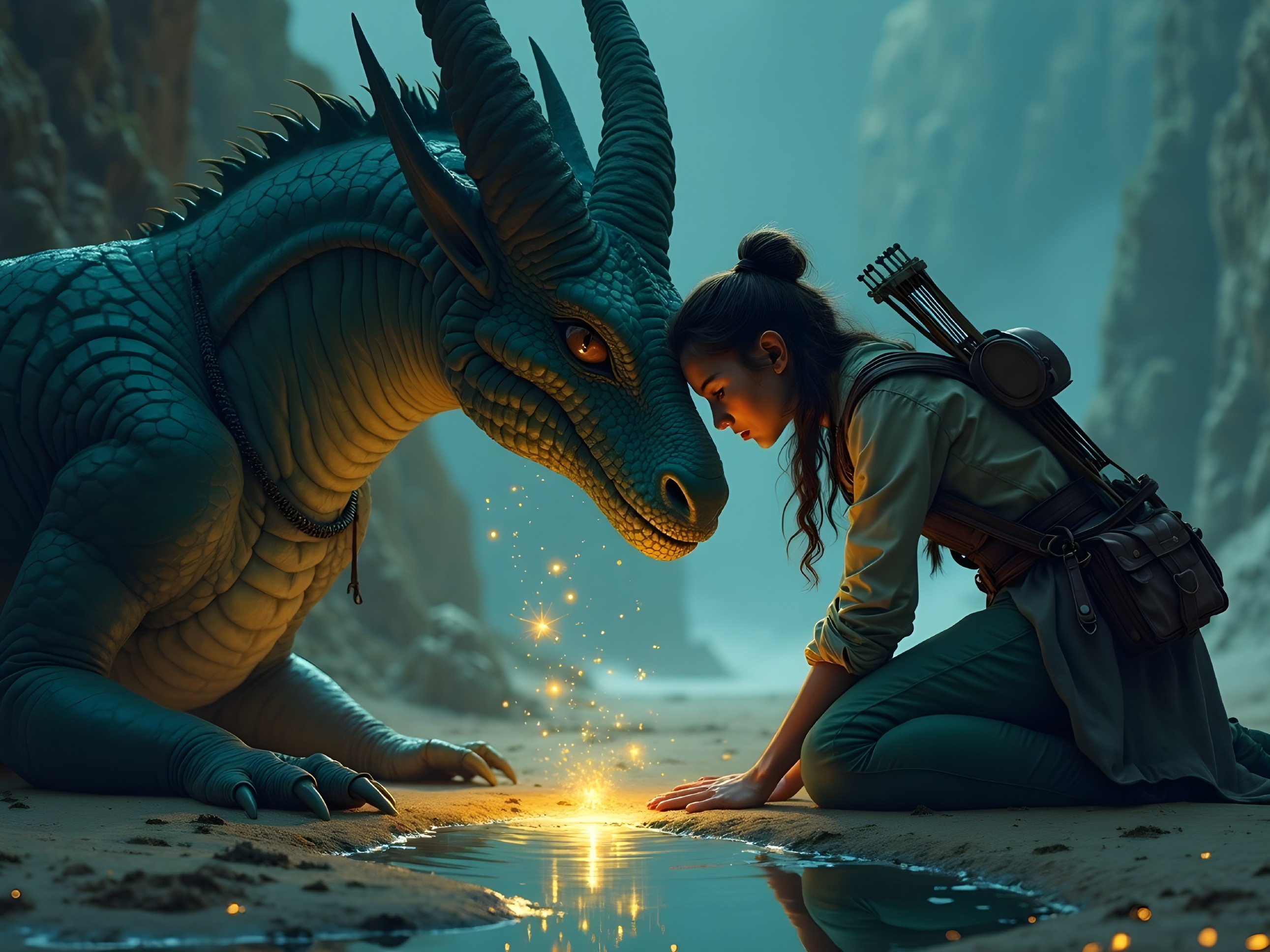 Young Woman and Dragon Share Magical Connection in Valley