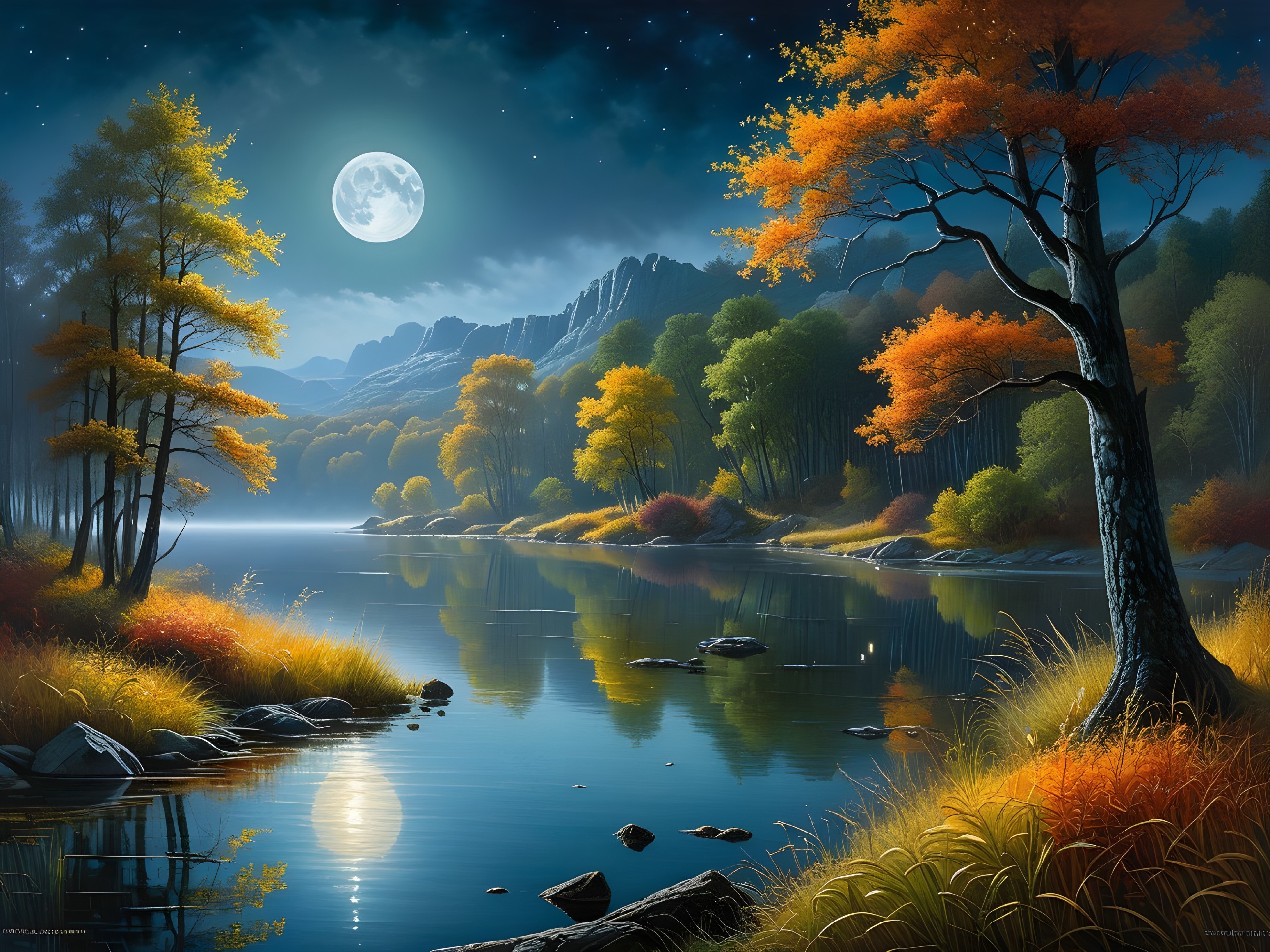 Serene Landscape with Full Moon and Autumn Foliage