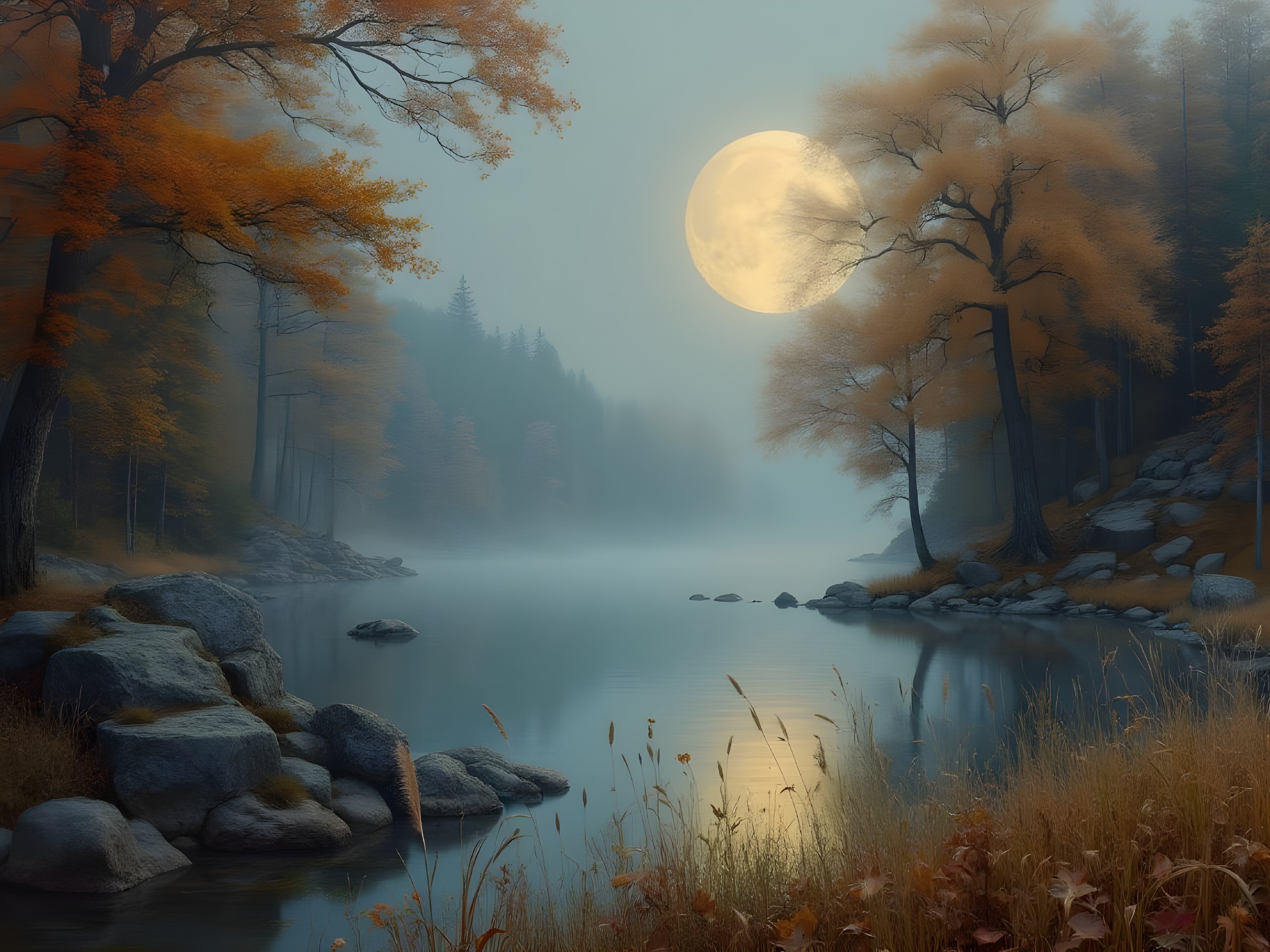 Misty River Landscape with Autumn Trees and Moonlight