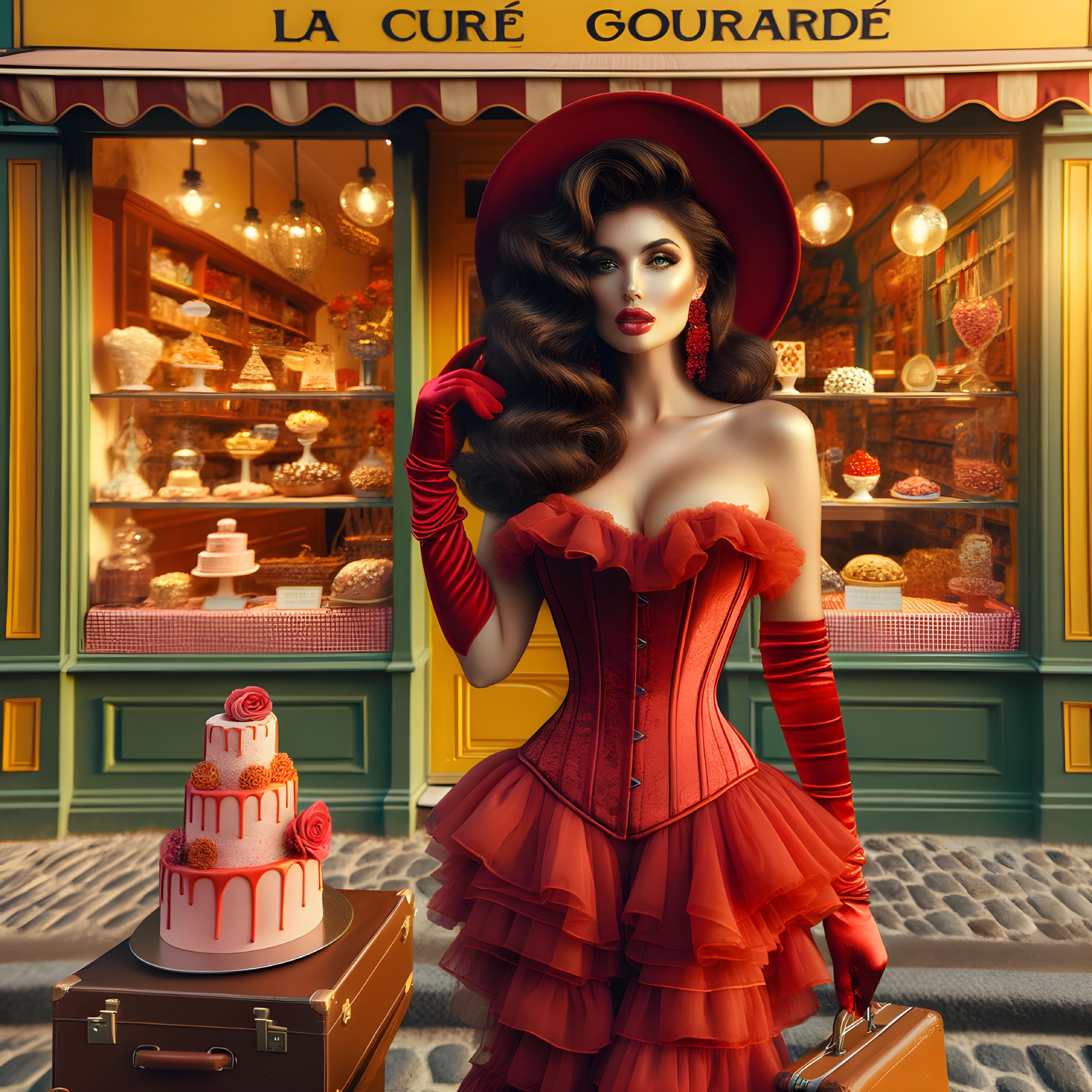 Glamorous Woman by Charming Pastry Shop with Cake