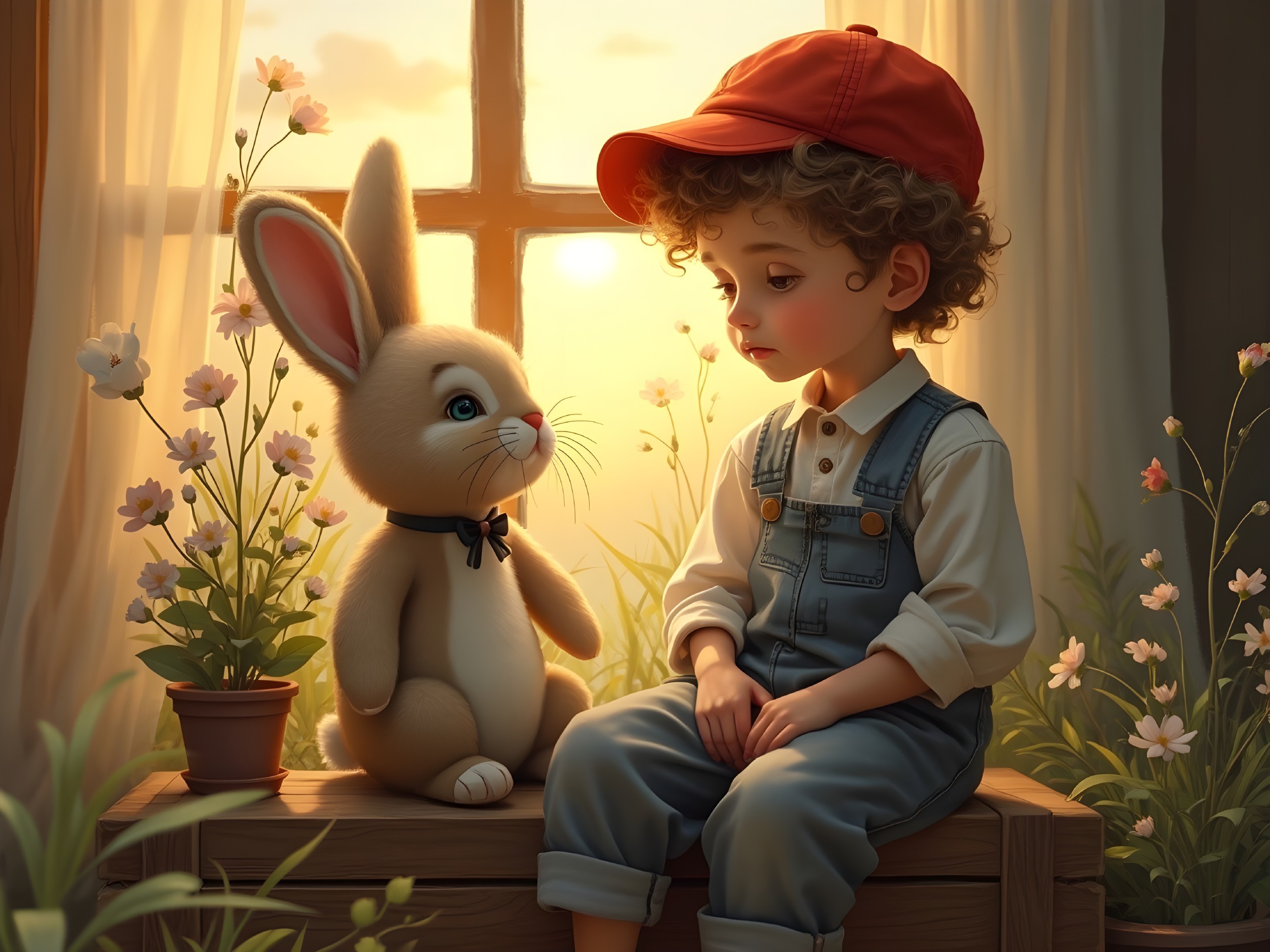Young boy and bunny in a warmly lit room