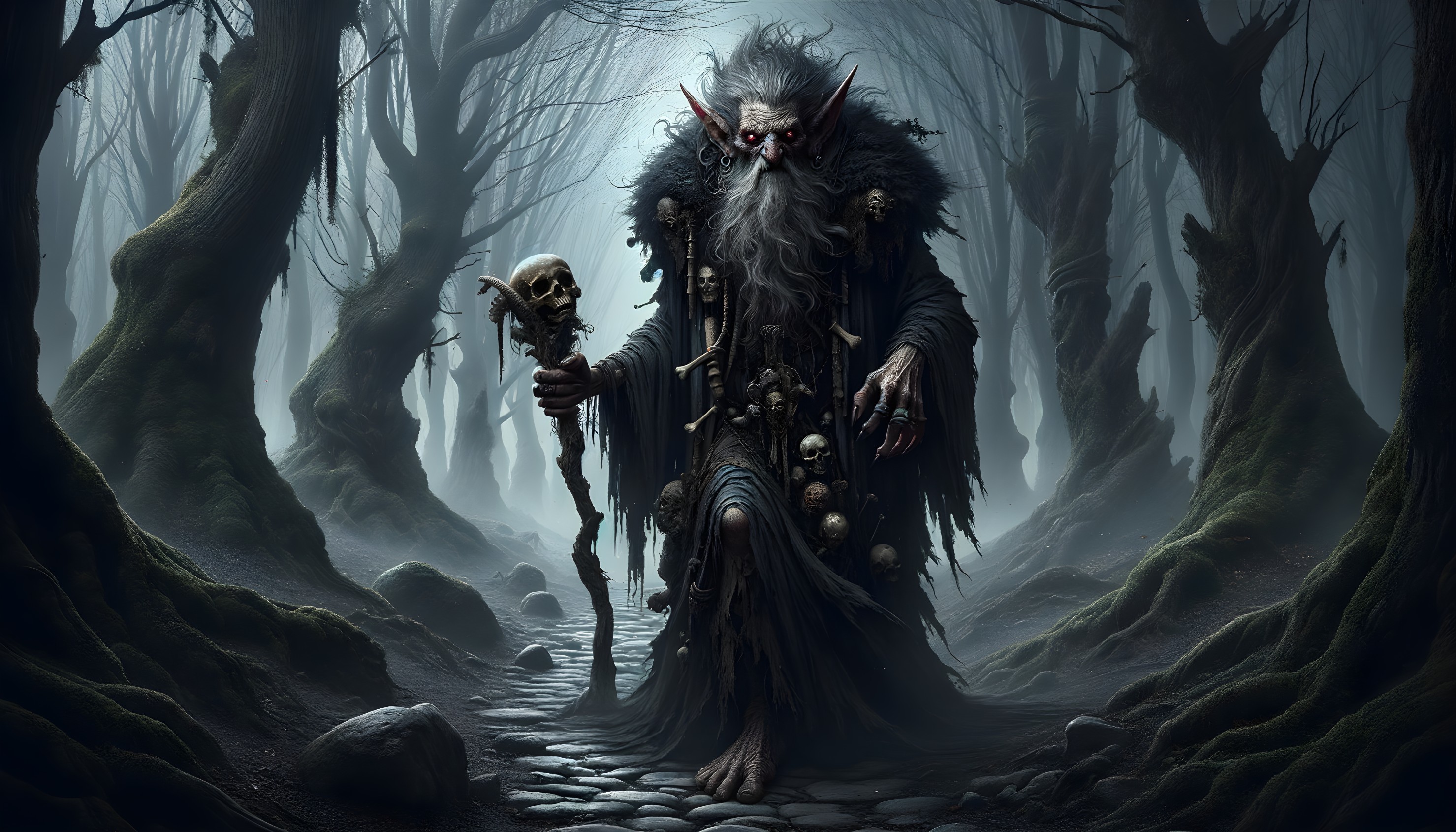 Mystical Figure in Shadowy Forest with Twisted Staff