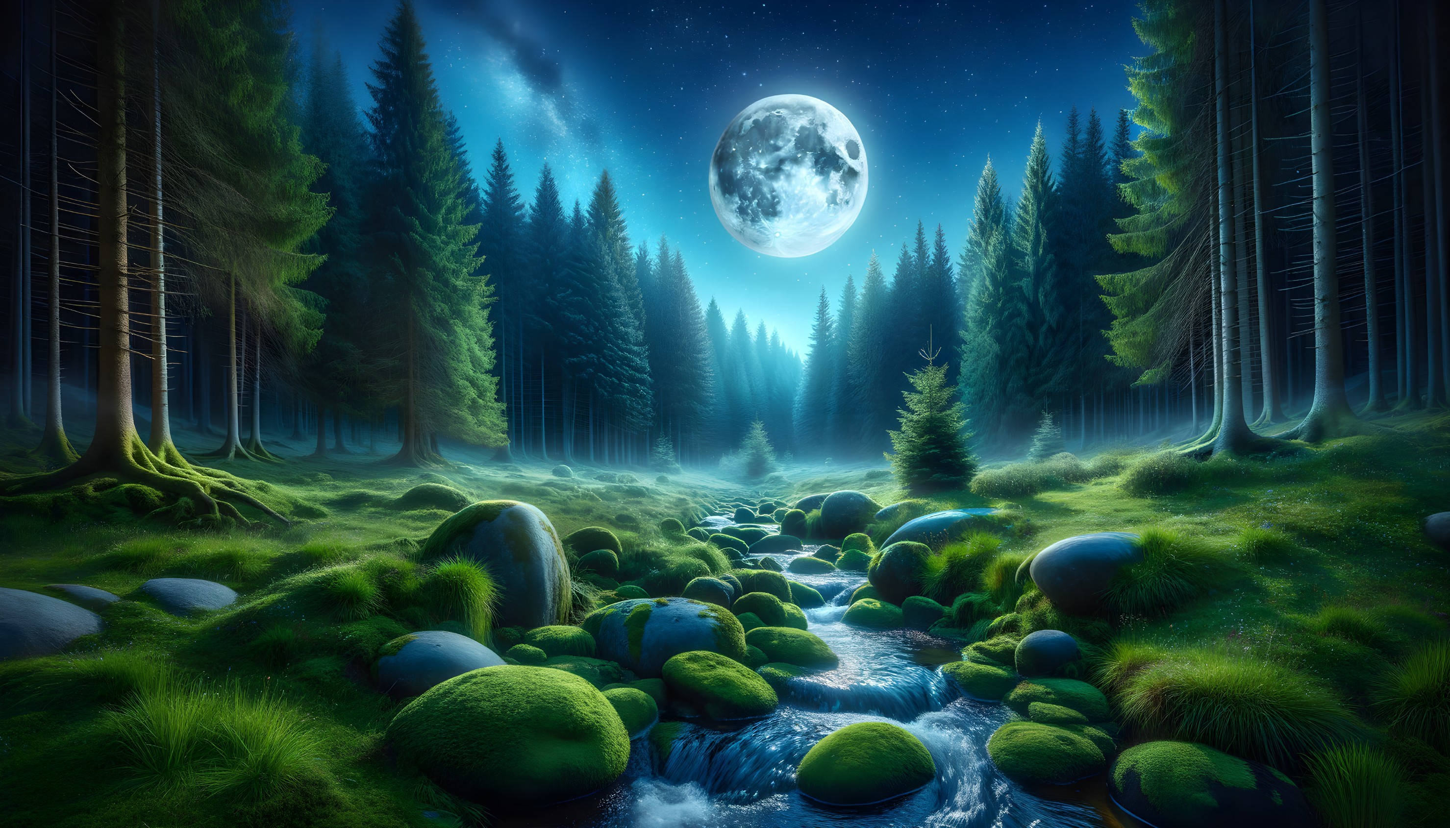 Serene Forest Scene Under Bright Full Moonlight