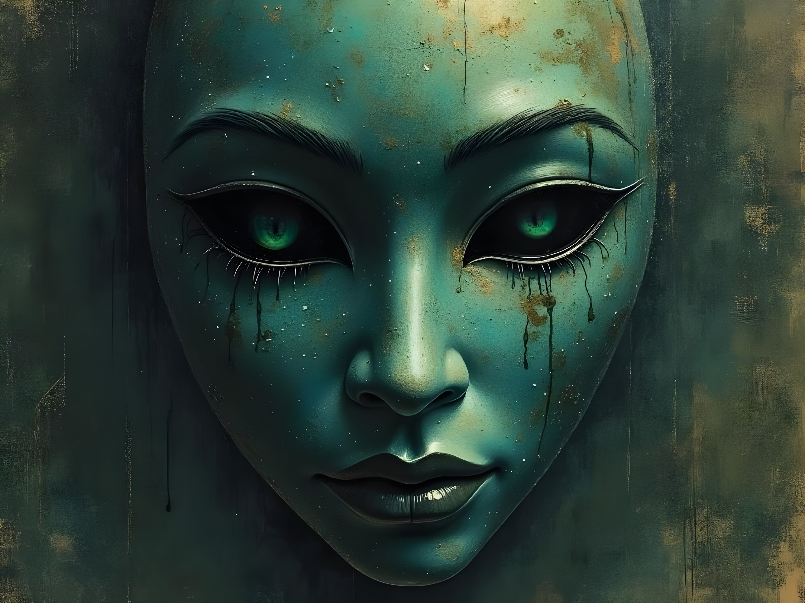 Humanoid Face with Ethereal Blue-Green Hue and Depth