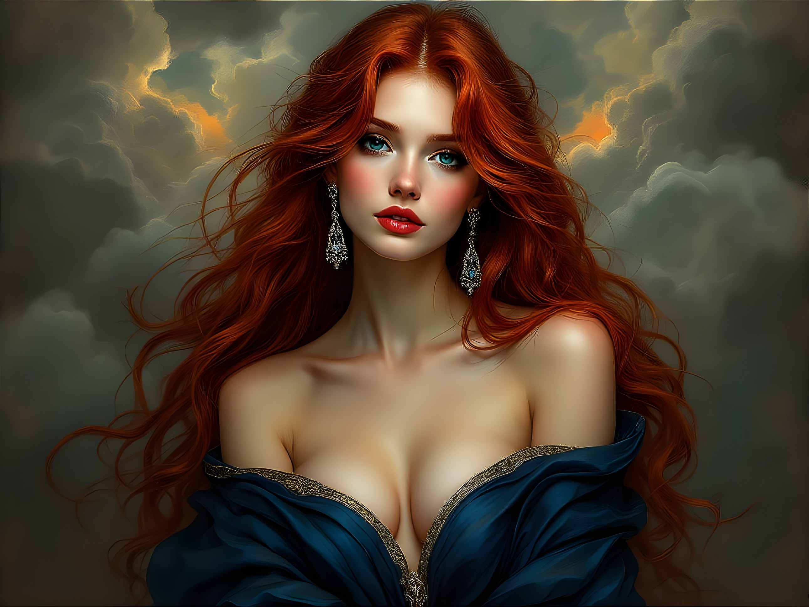Stunning Woman with Red Hair and Blue Eyes in Elegance