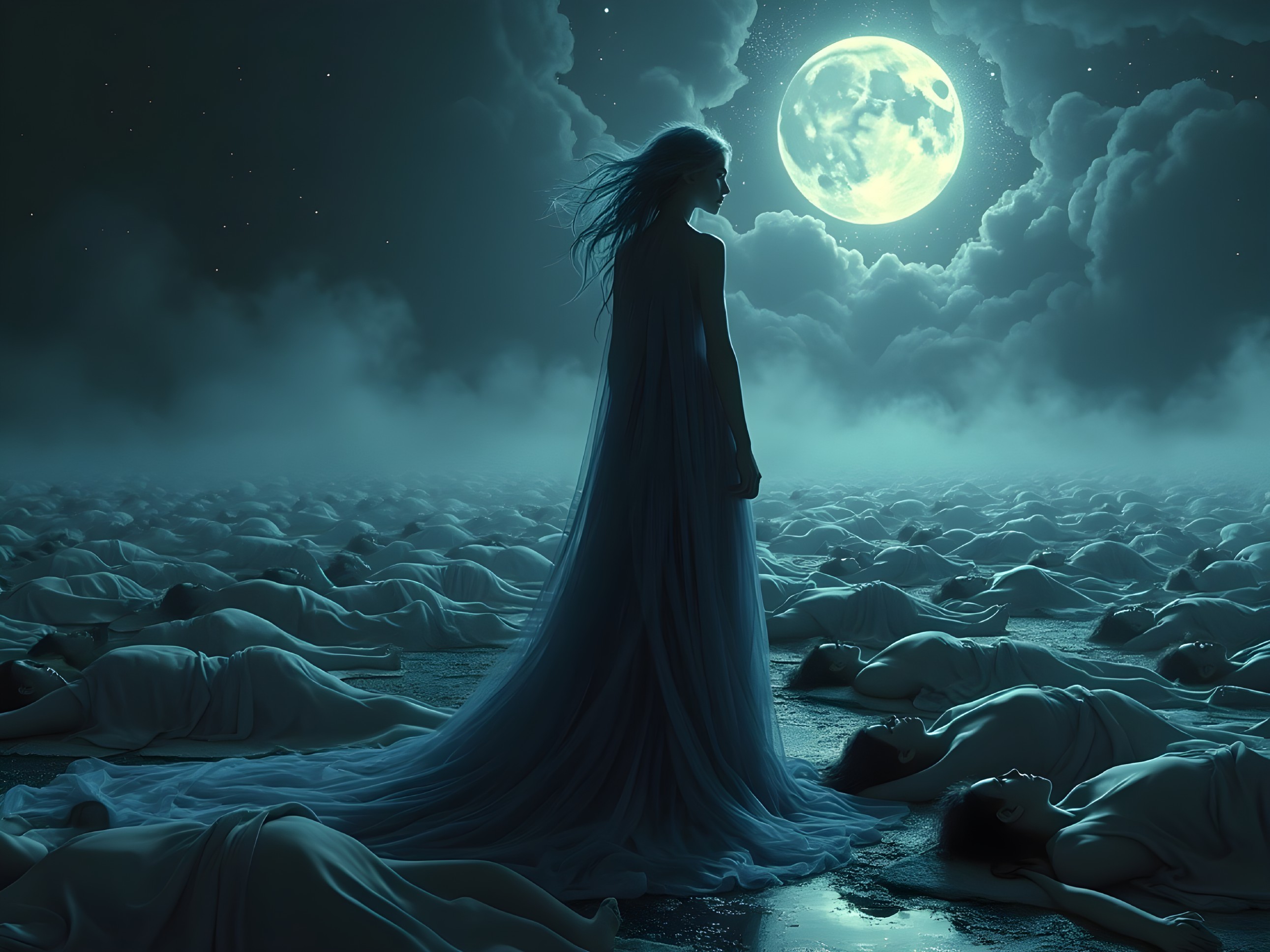 Surreal Landscape with Ghostly Figure and Moonlight