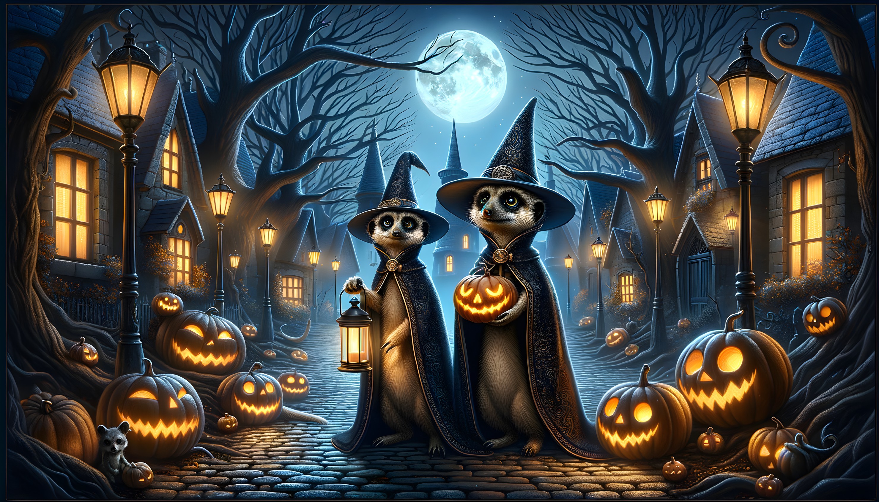 Whimsical Raccoons in Wizard Hats on Halloween Street