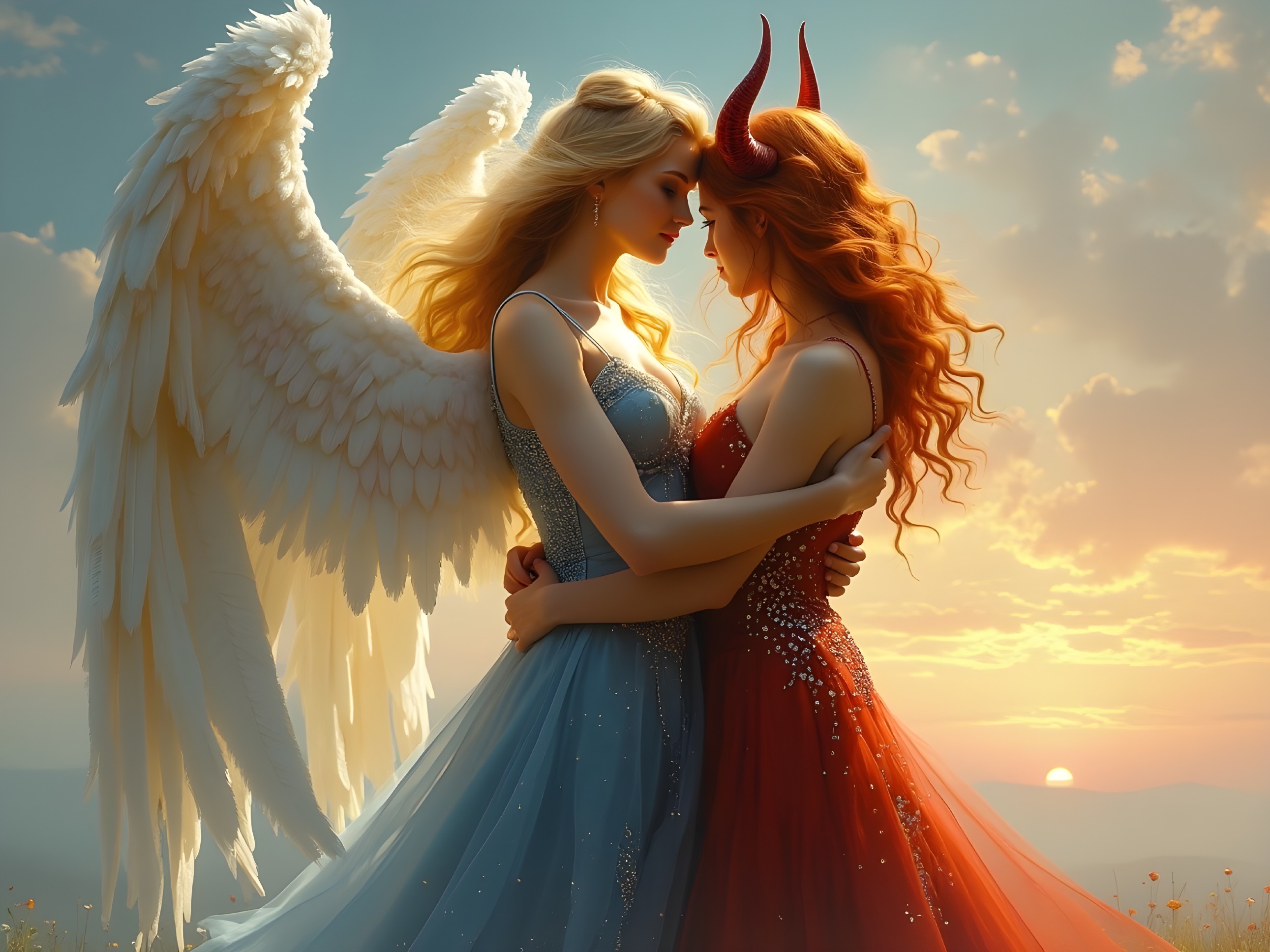 Angelic and Devilish Figures in Sunset Embrace