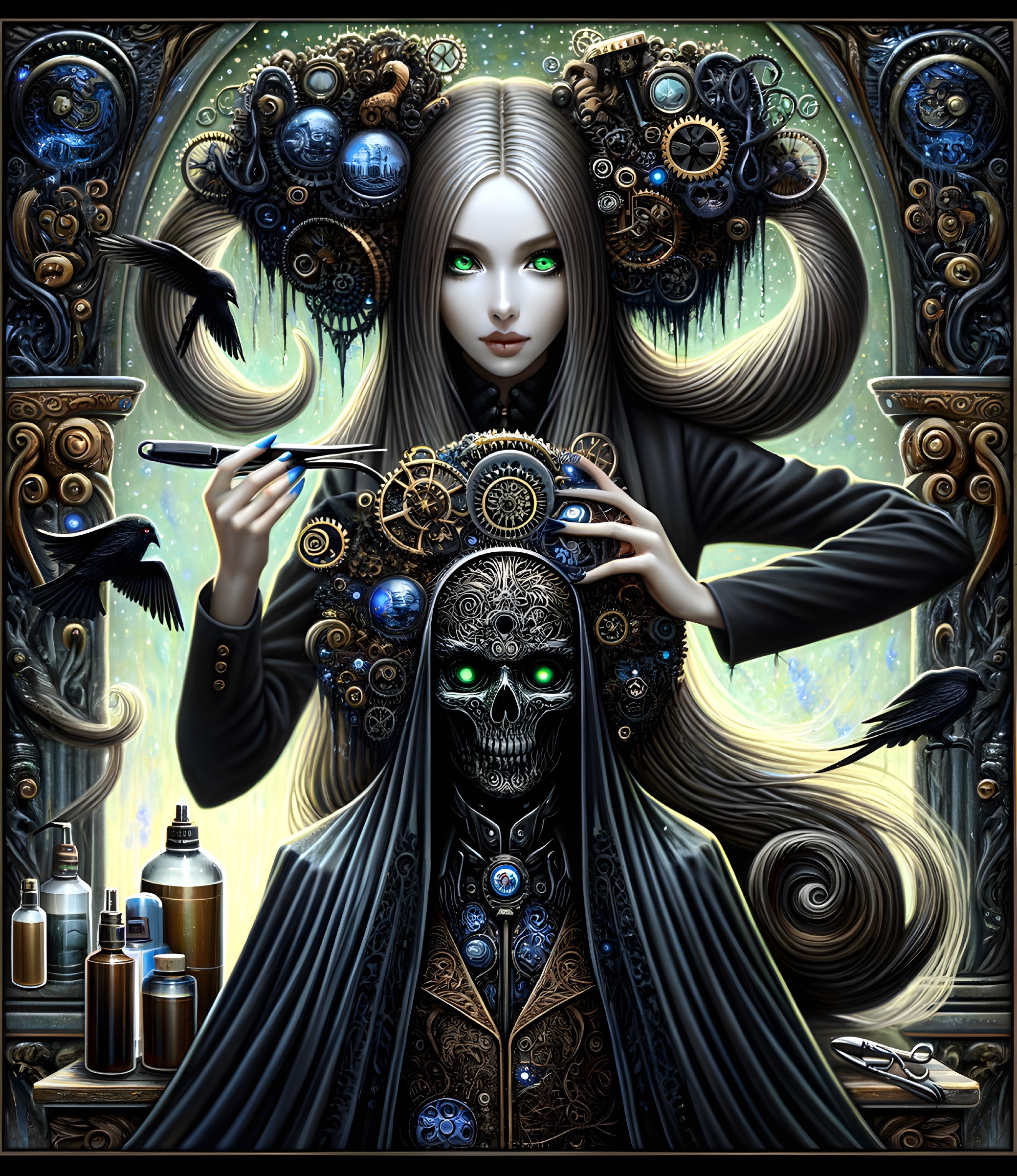 Mysterious Figure Painting a Skull in Gothic Setting