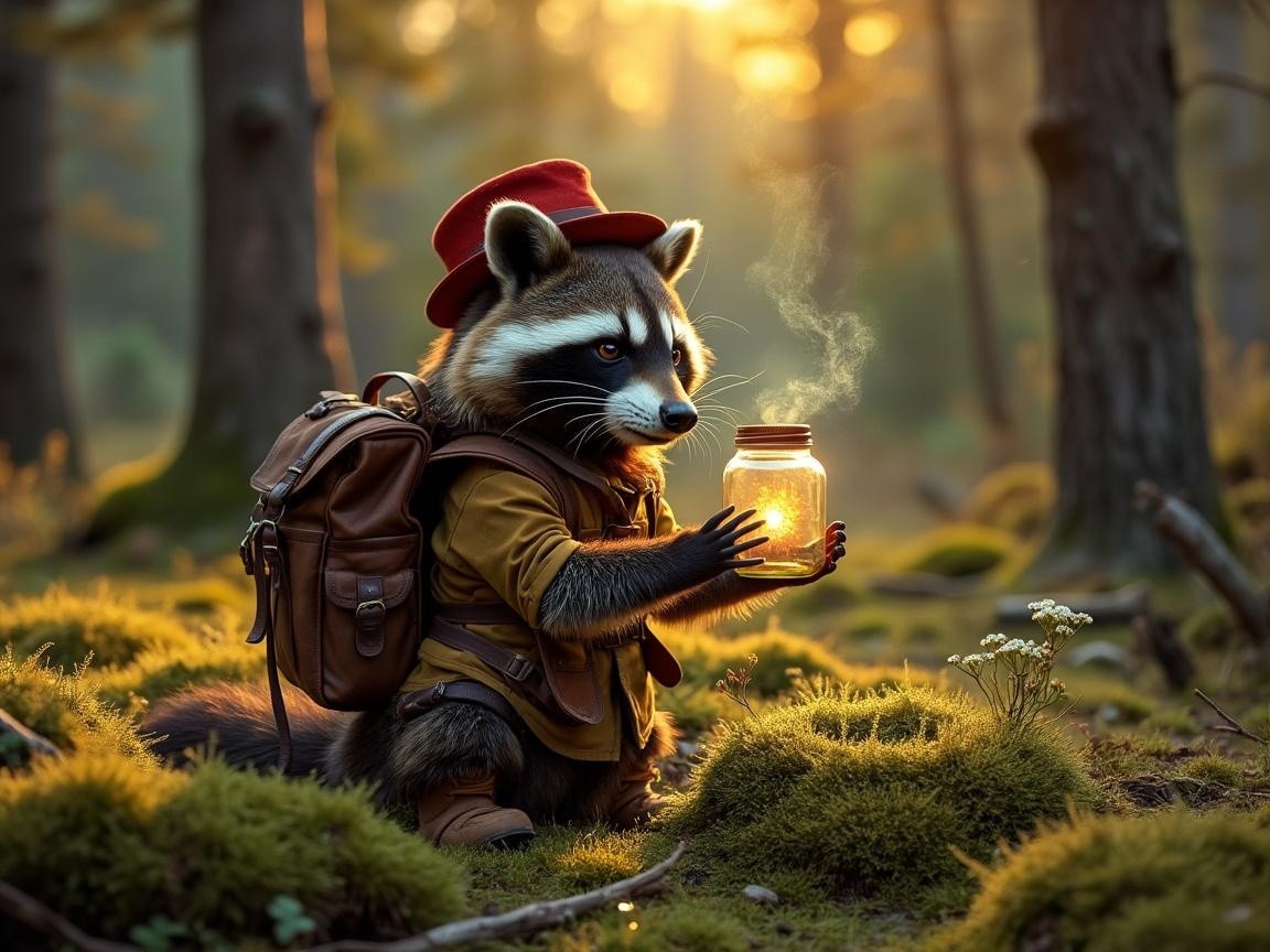 Raccoon in Rustic Outfit Holding Glowing Jar in Forest