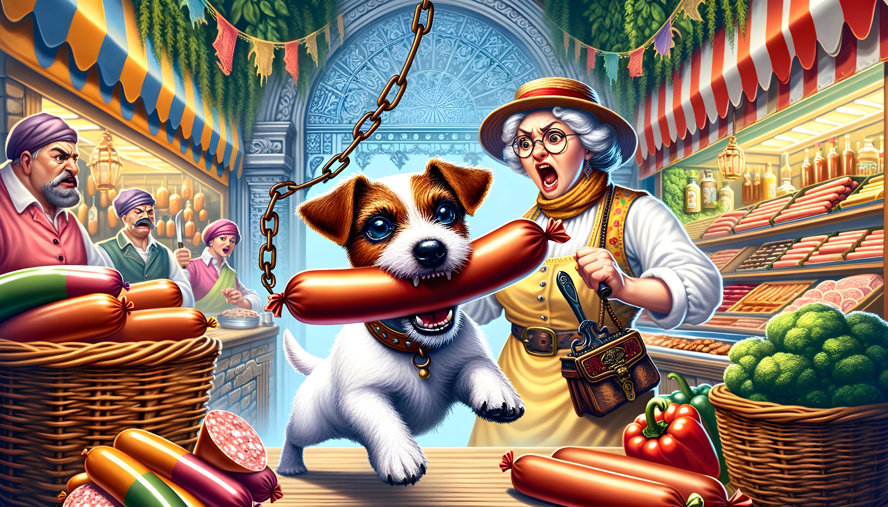 Playful Dog Steals Sausage in Colorful Marketplace Scene