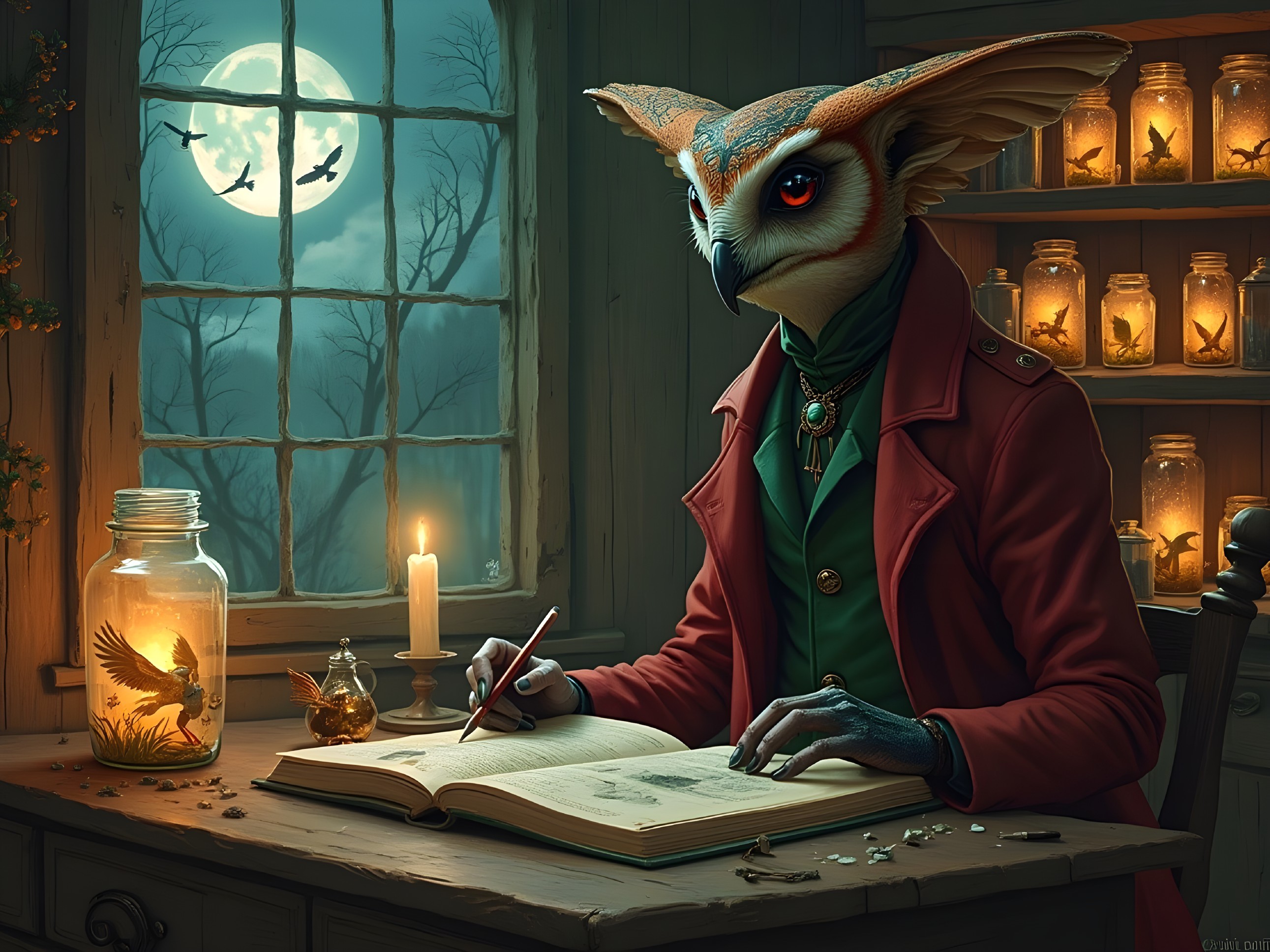 Whimsical Owl Writing in a Cozy, Magical Room