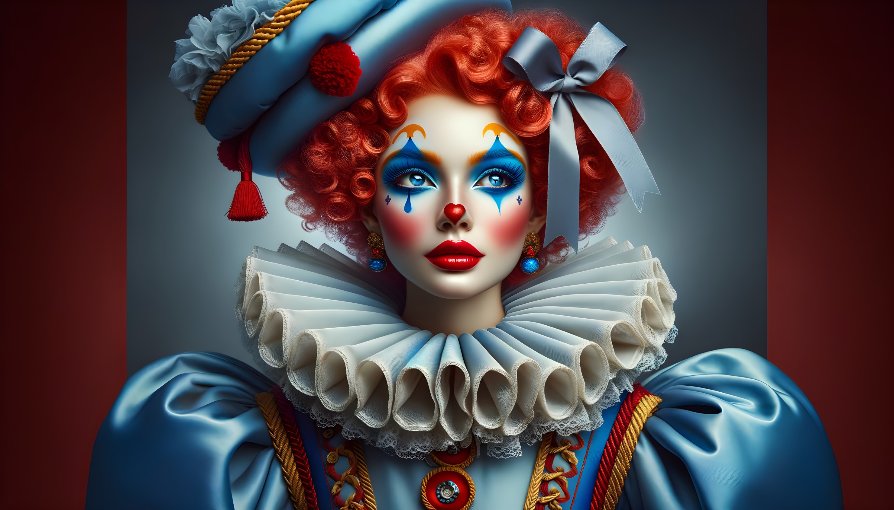 Digital Portrait of a Woman in Clown Makeup and Collar