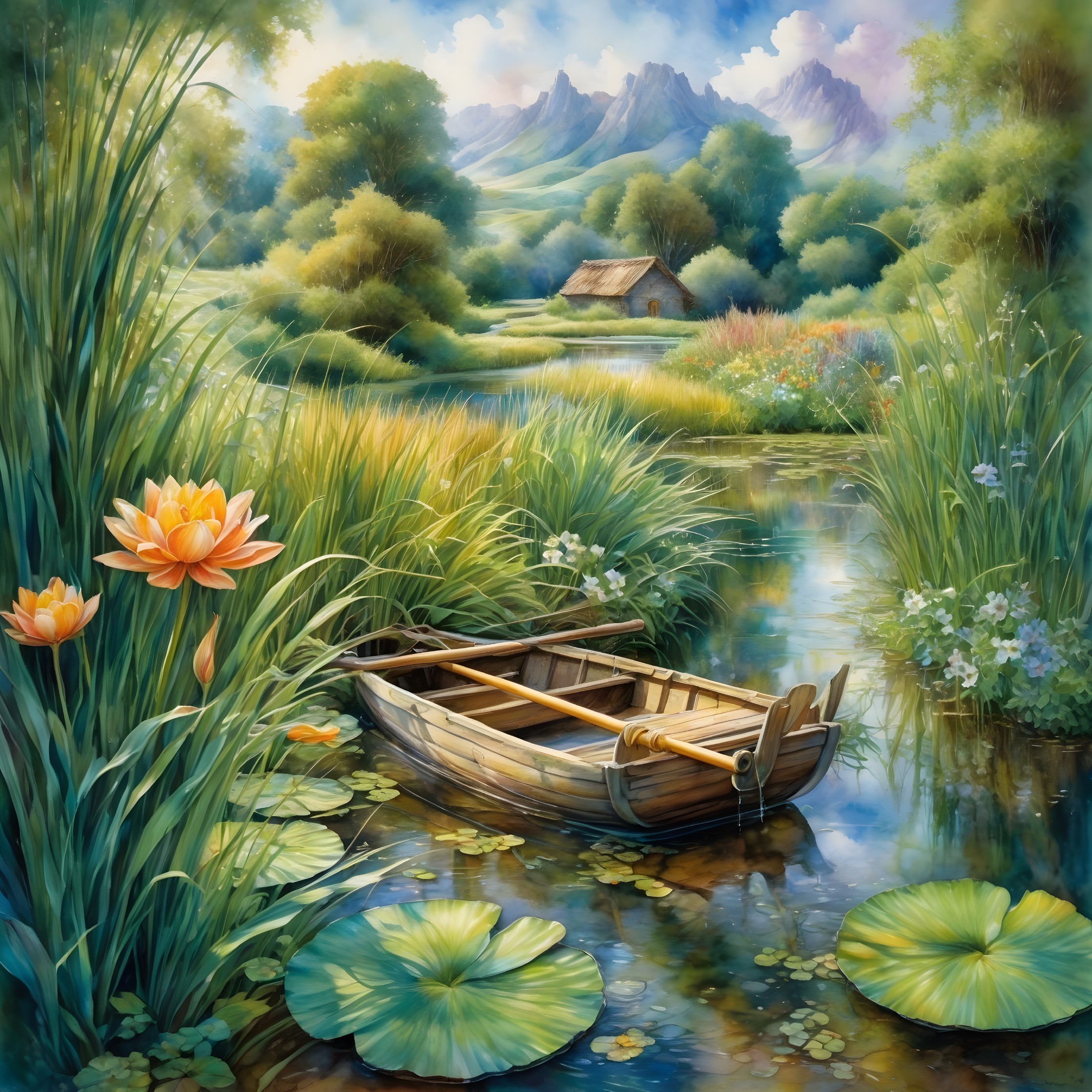 Serene Landscape with Boat and Lily Pads on River