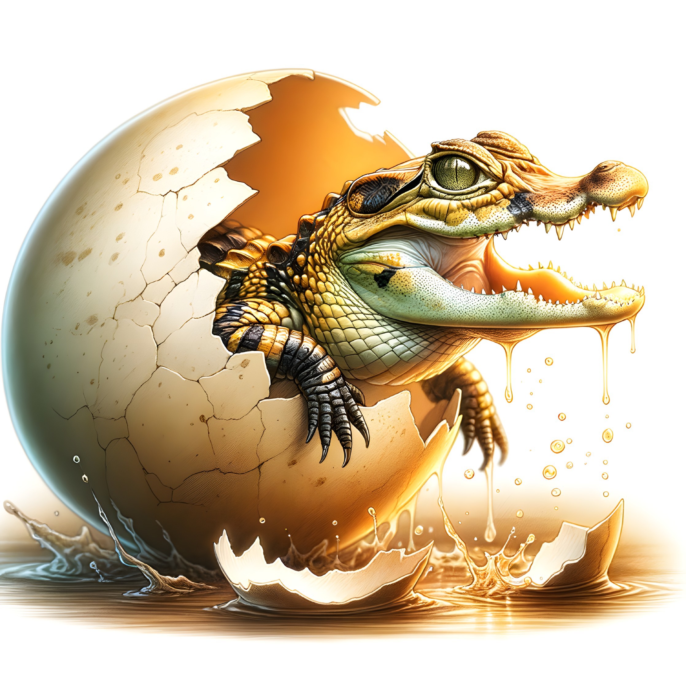 Crocodile Hatching from Cracked Eggshell on Glossy Surface
