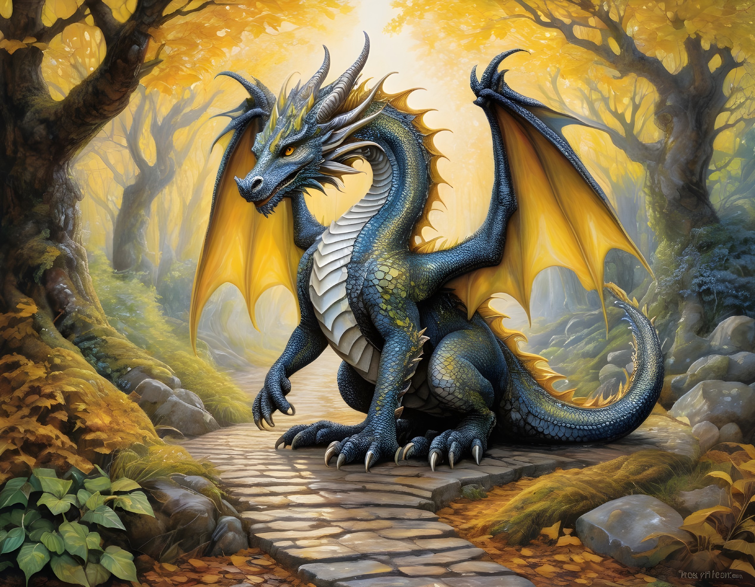 Blue Dragon in Enchanted Autumn Forest Setting