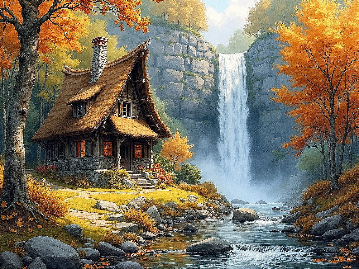 Charming Stone Cottage by Autumn River and Waterfall