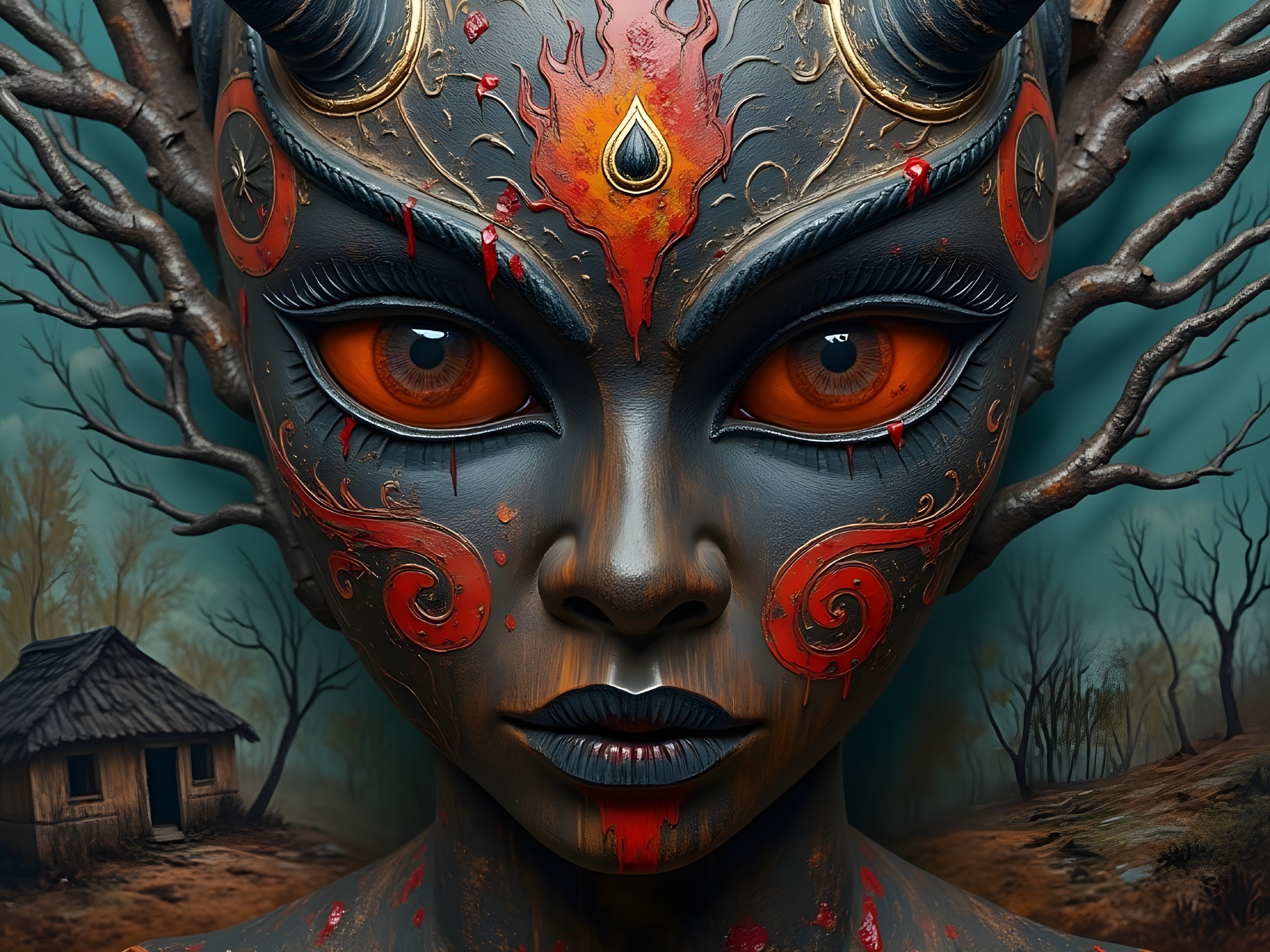 Mystical Figure with Intricate Body Paint and Horns