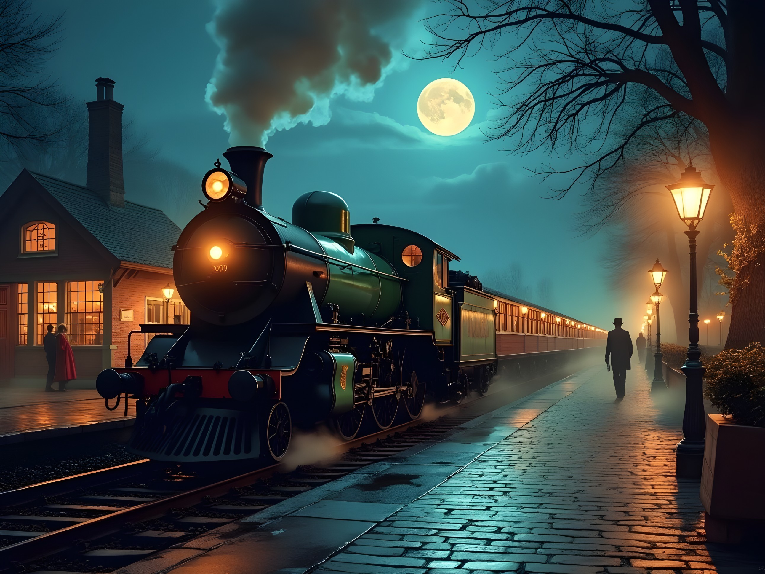 Vintage Steam Locomotive at Night Railway Station