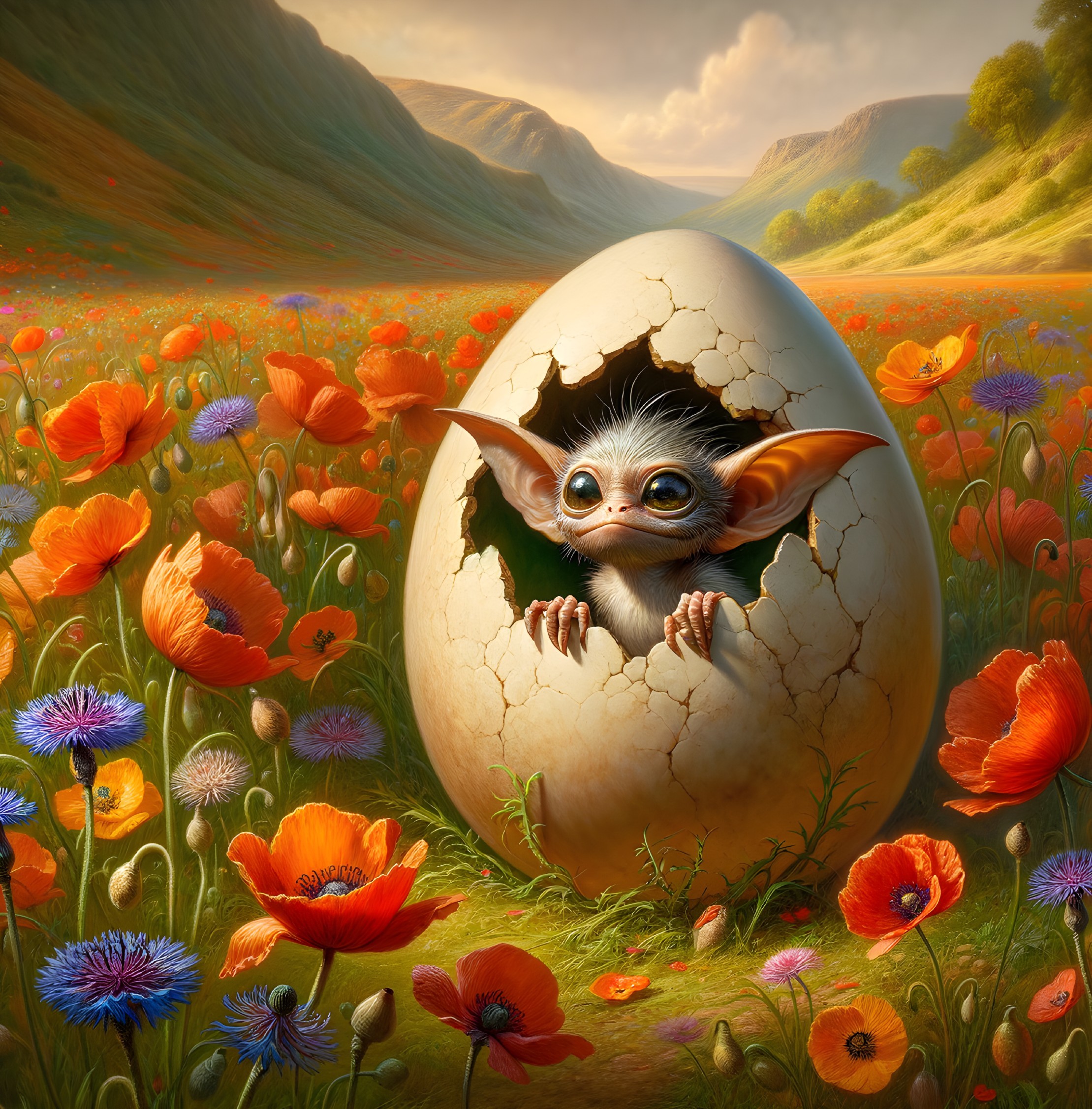 Whimsical creature hatches in a sunlit meadow scene