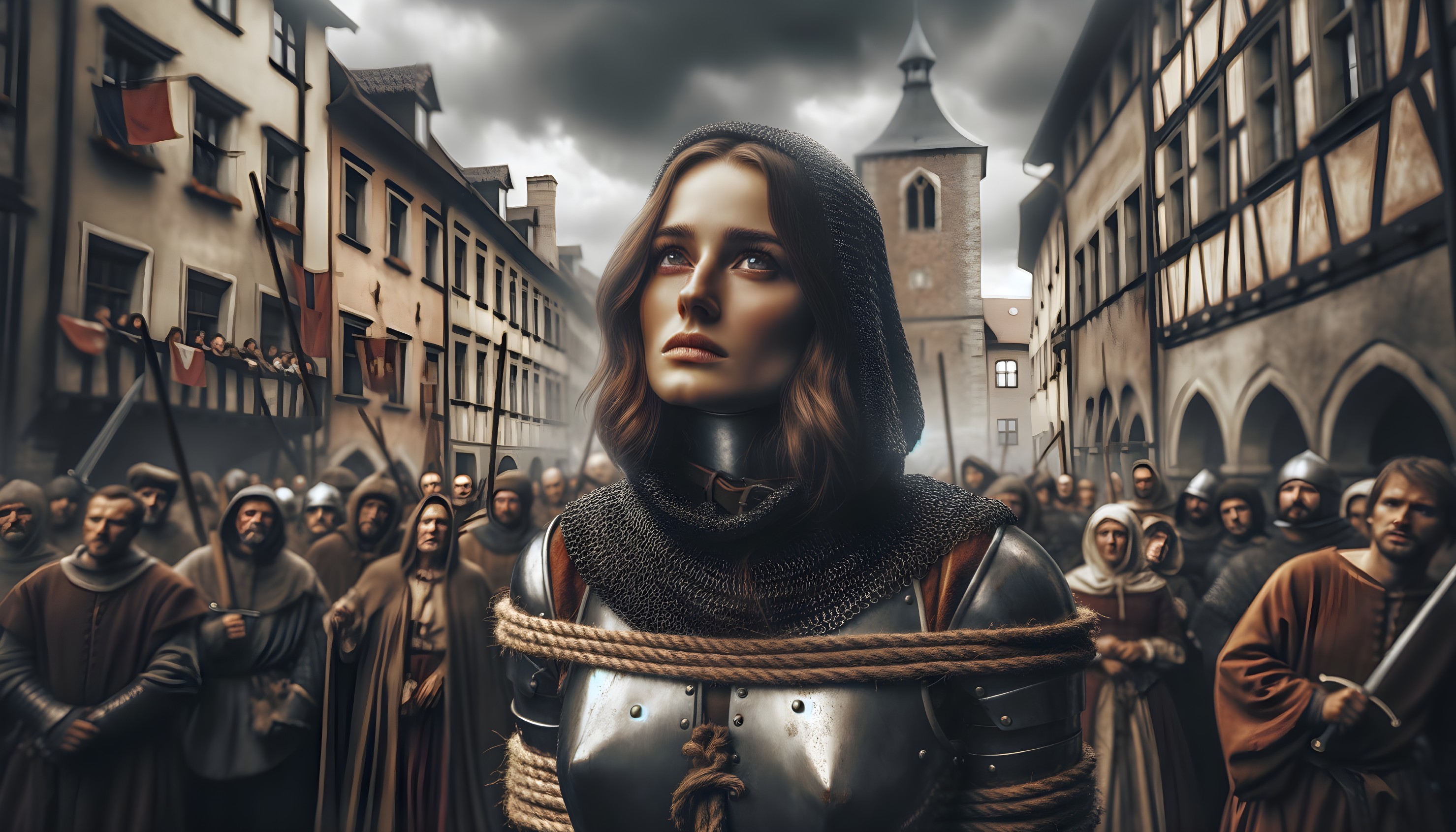 Medieval Woman in Armor Surrounded by Onlookers