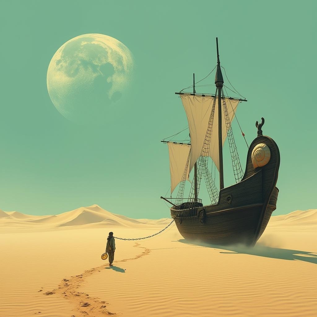 Solitary Figure Dragging Ship in Desert Landscape