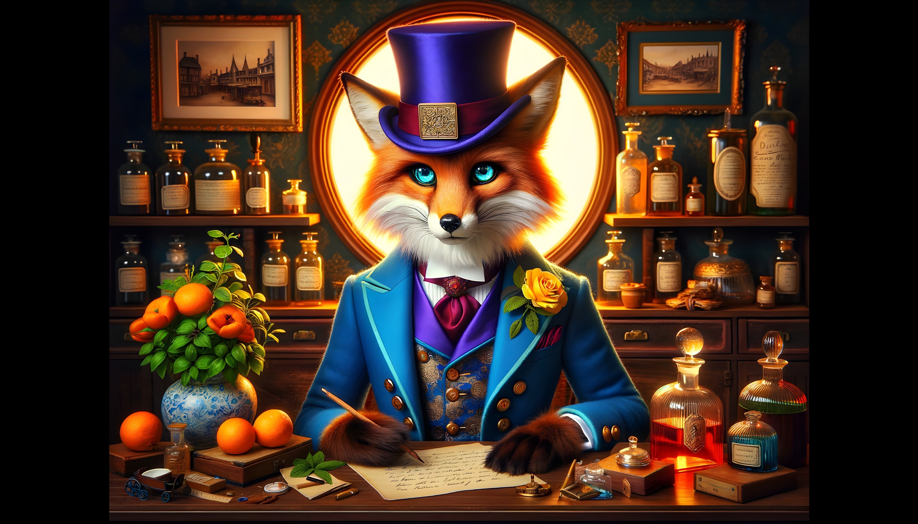 Fox in Blue Suit at Vintage Desk with Colorful Decor