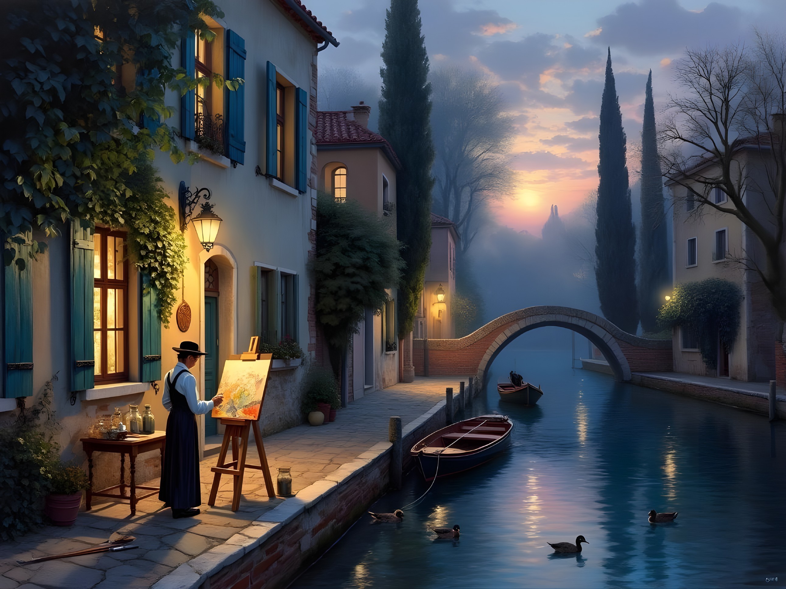 Tranquil Evening Scene by a Canal with Painter