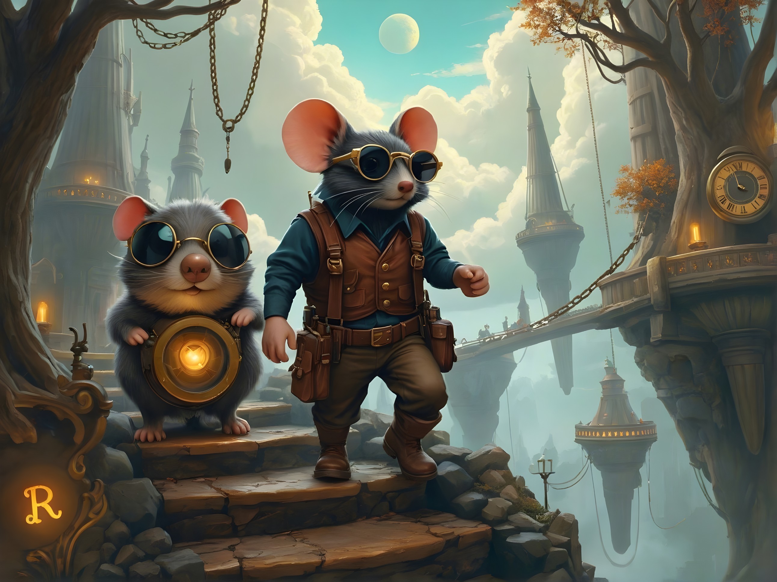 Stylish Mice Journey in Whimsical Fantasy Landscape