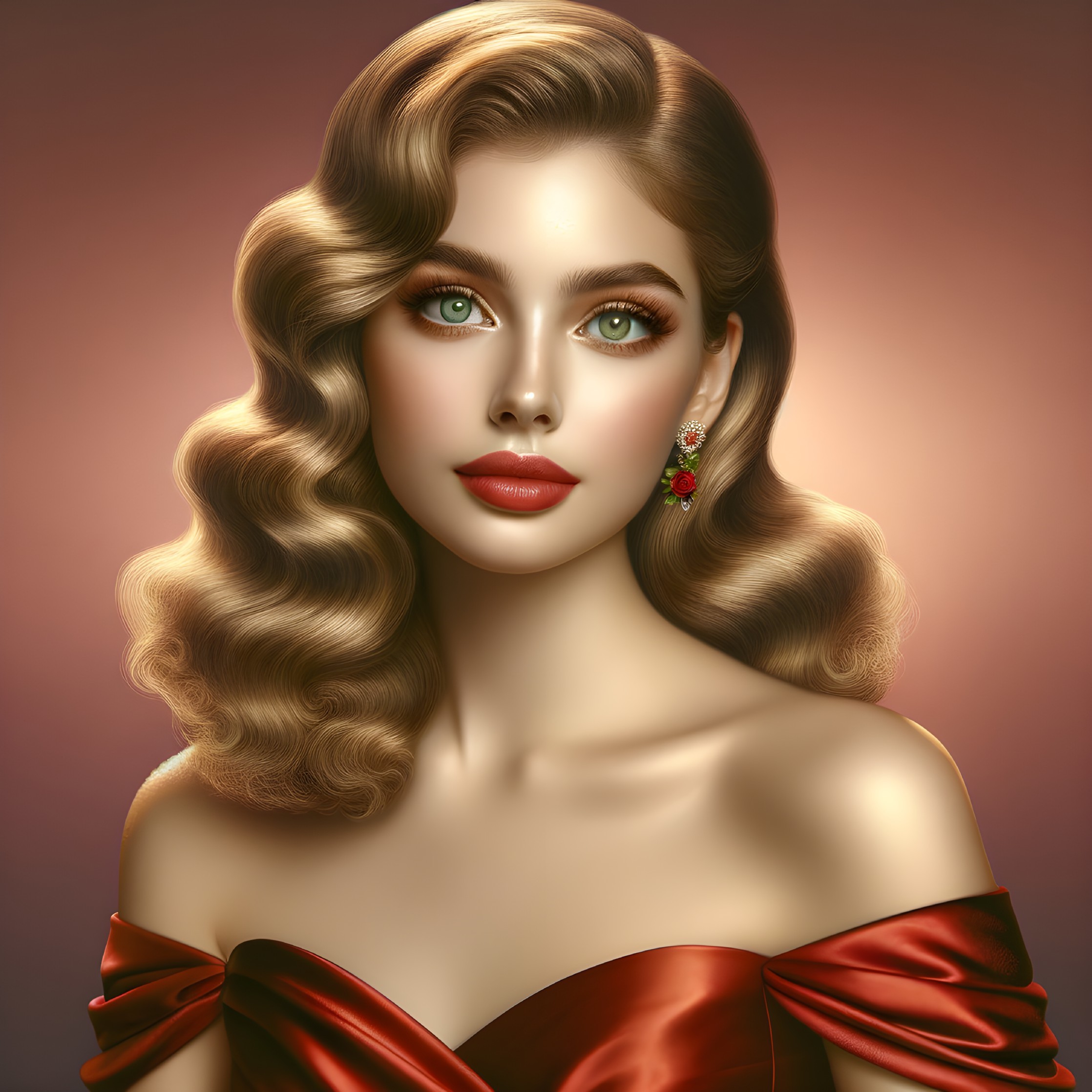 Glamorous Woman in Red Gown with Blonde Waves