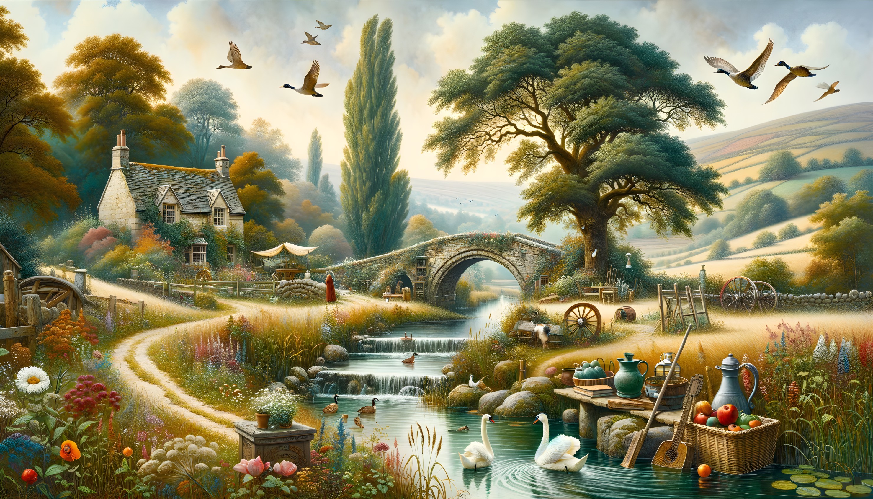 Countryside Scene with Cottage and Stream Landscape