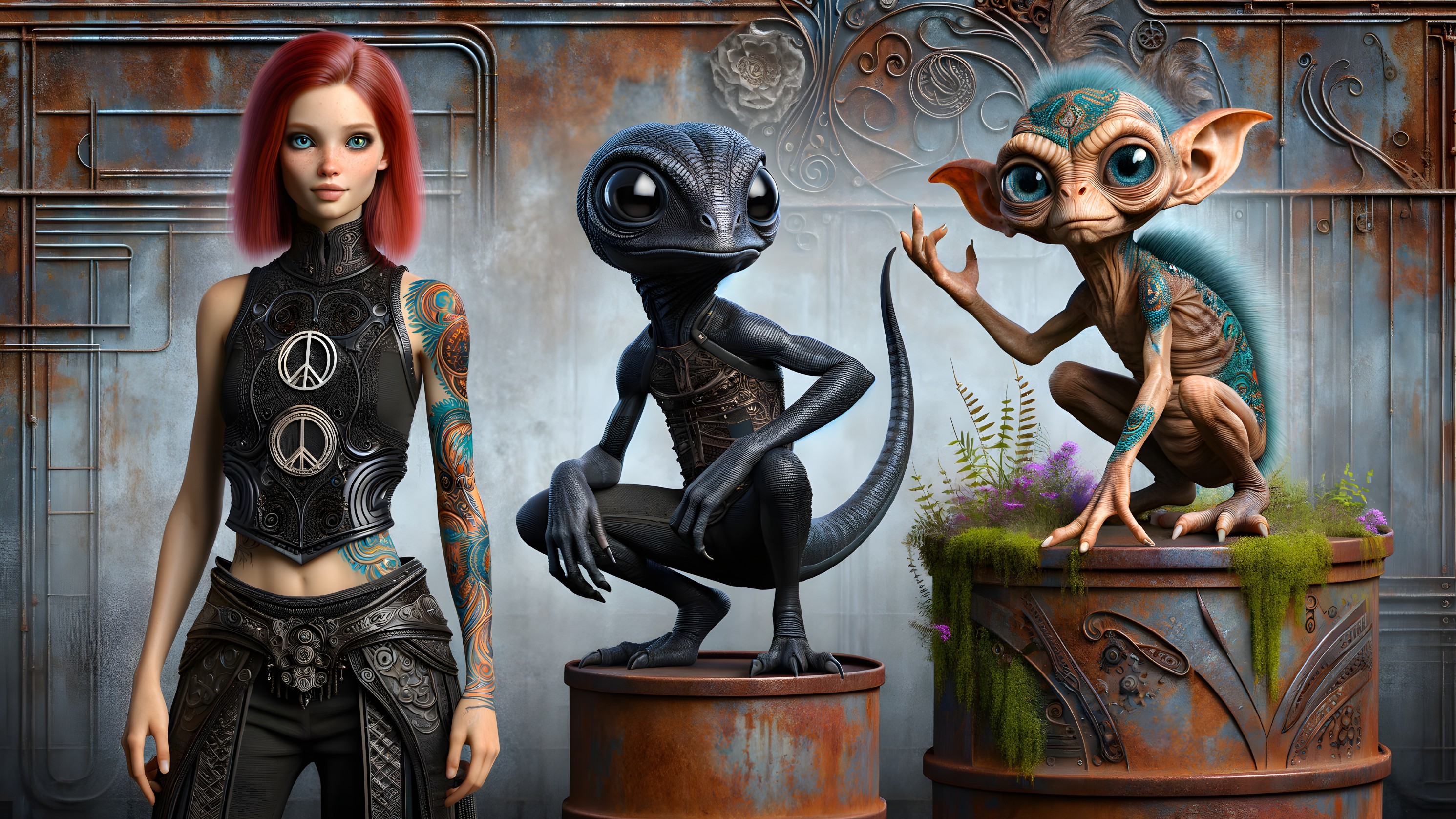 Futuristic Scene with Woman and Fantastical Creatures