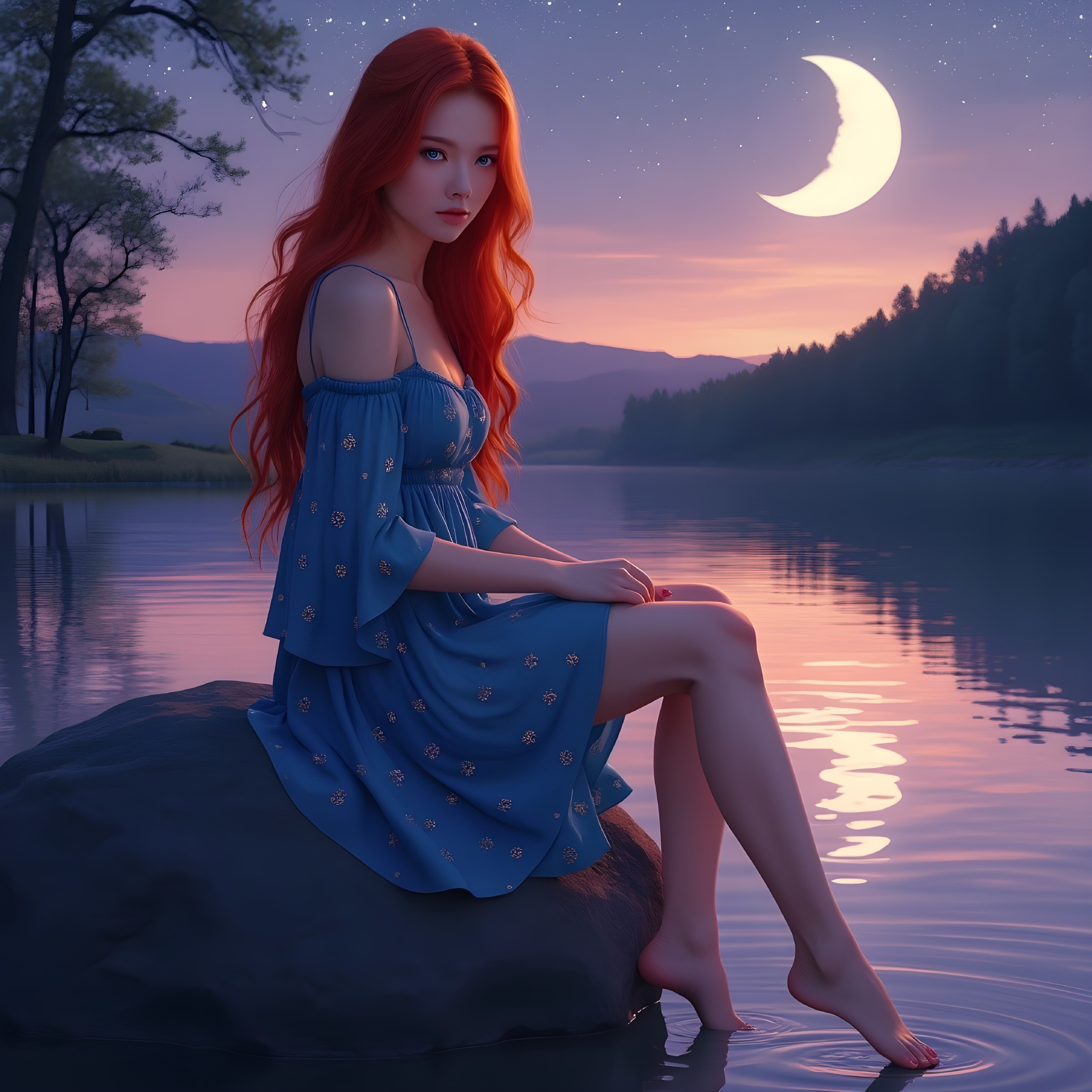 Young woman in blue dress by serene twilight lake