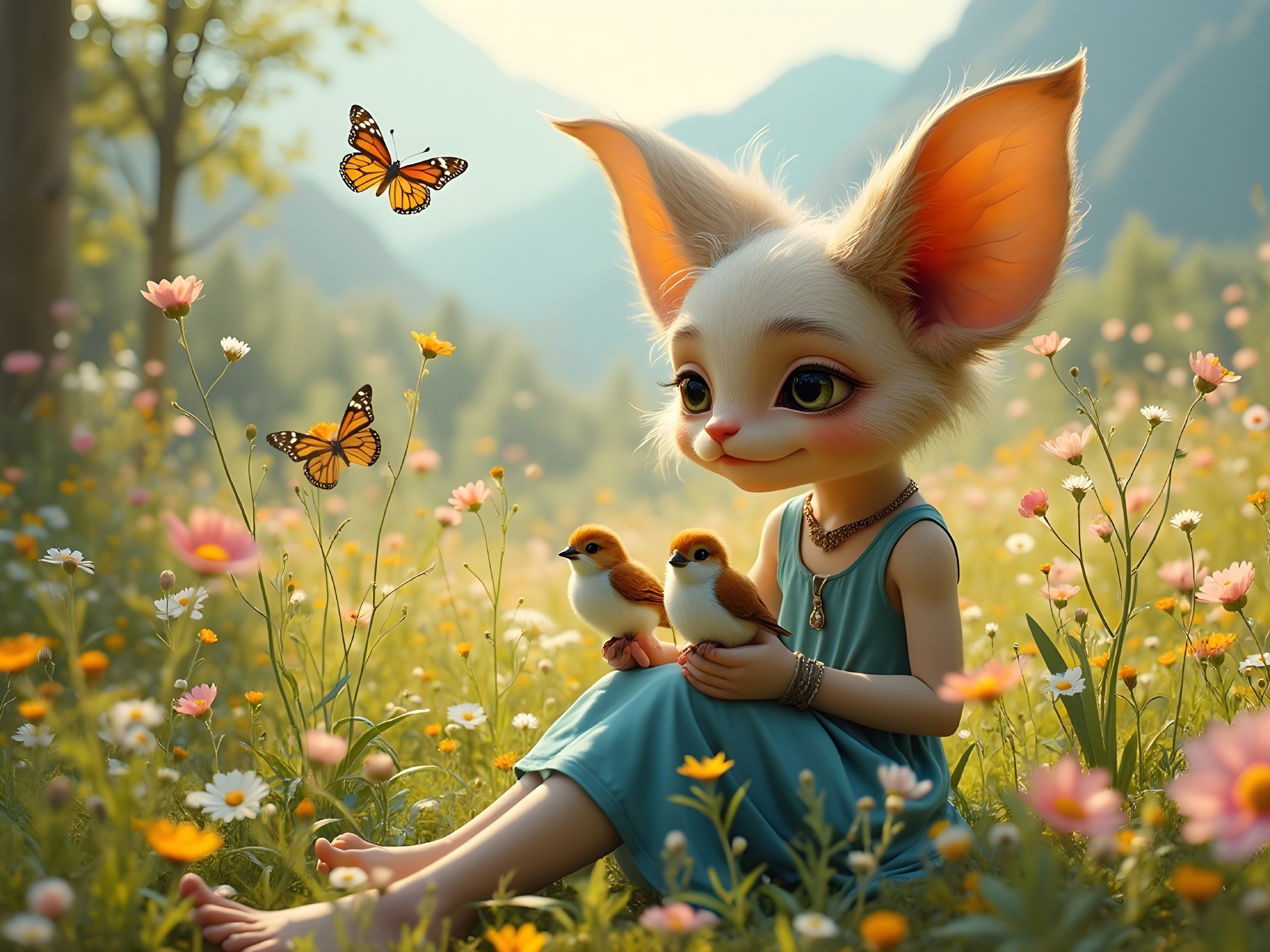 Whimsical Character in Sunlit Meadow with Birds and Butterflies