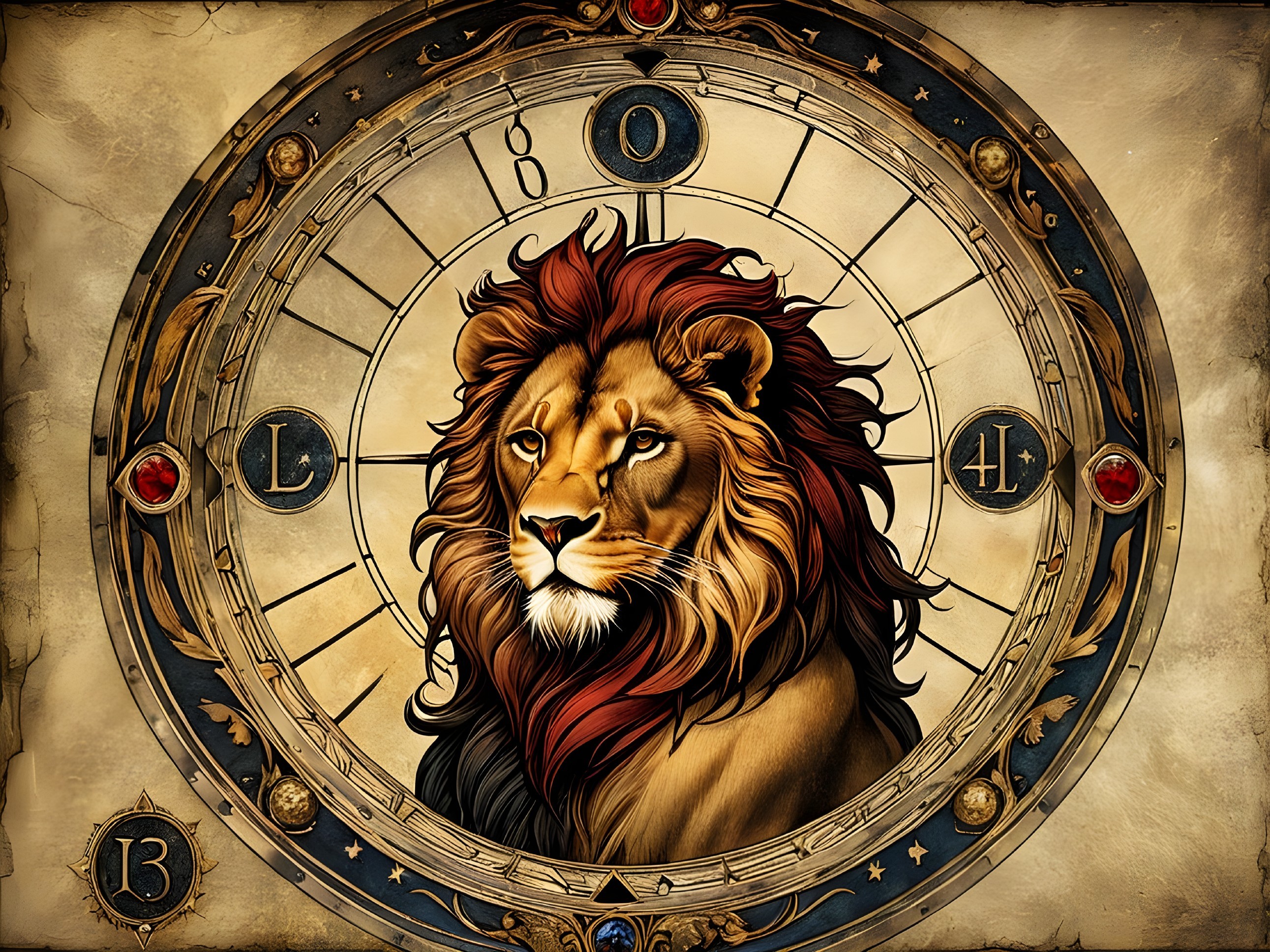 Lion Centered in Ornate Clock Design with Rich Colors