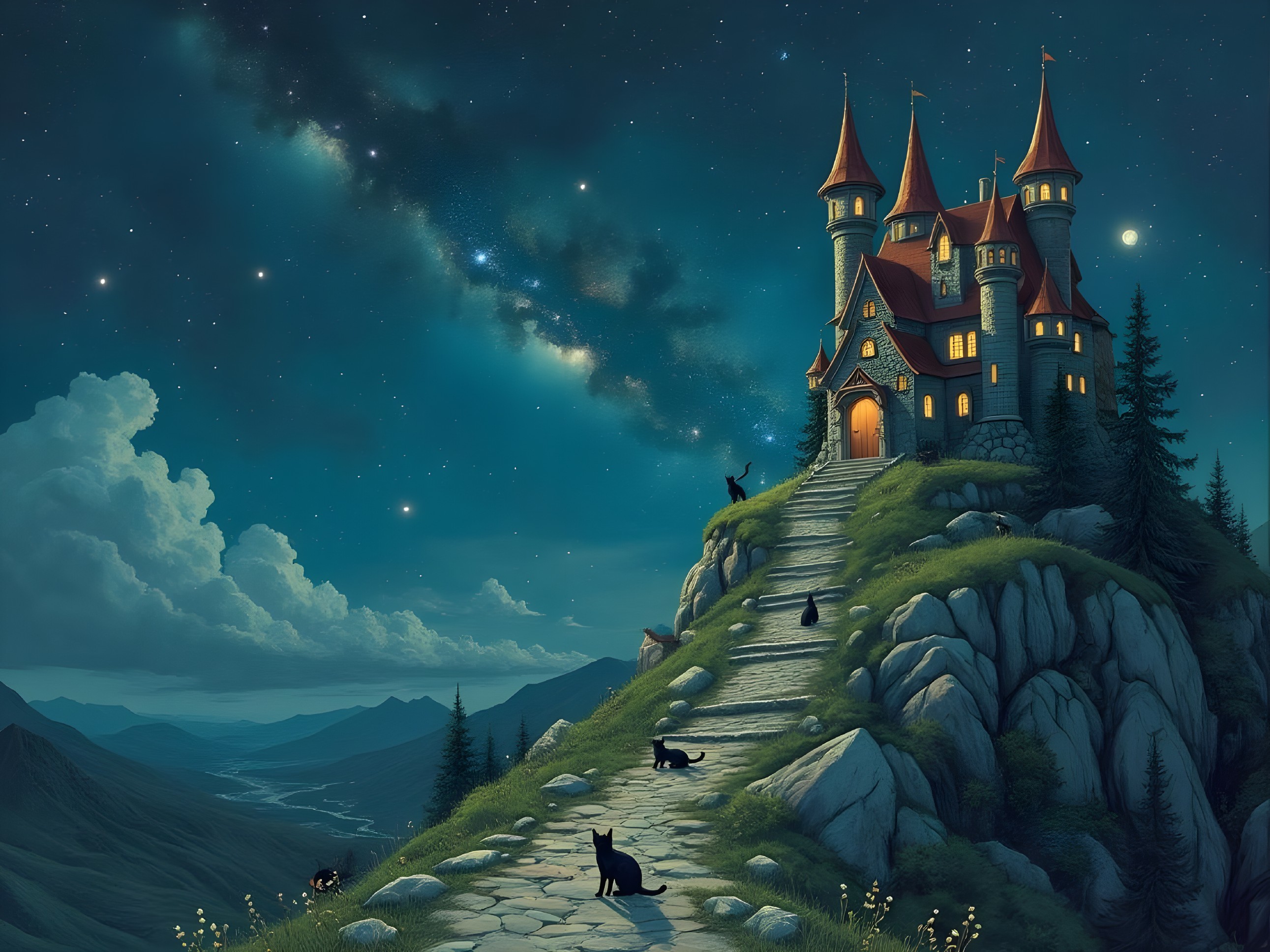 Mystical castle on a hill under a starry night sky