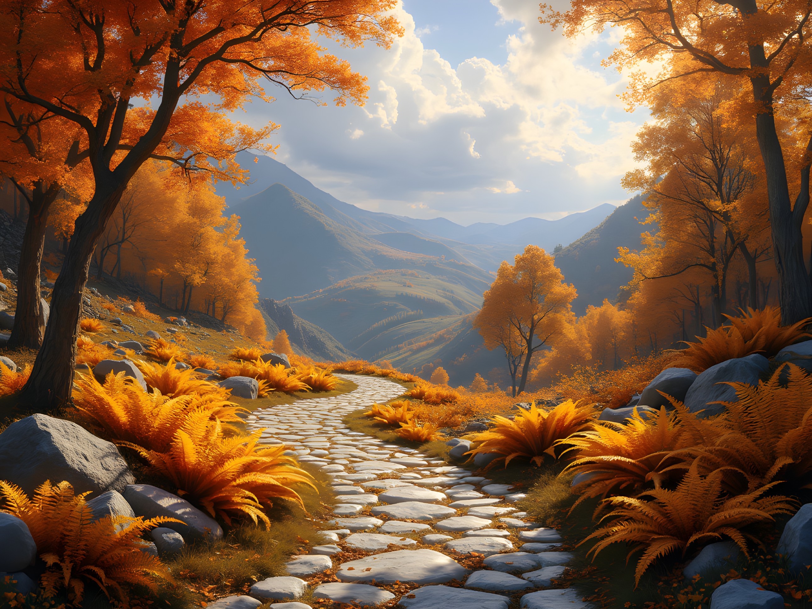 Autumn Landscape with Stone Path and Majestic Mountains
