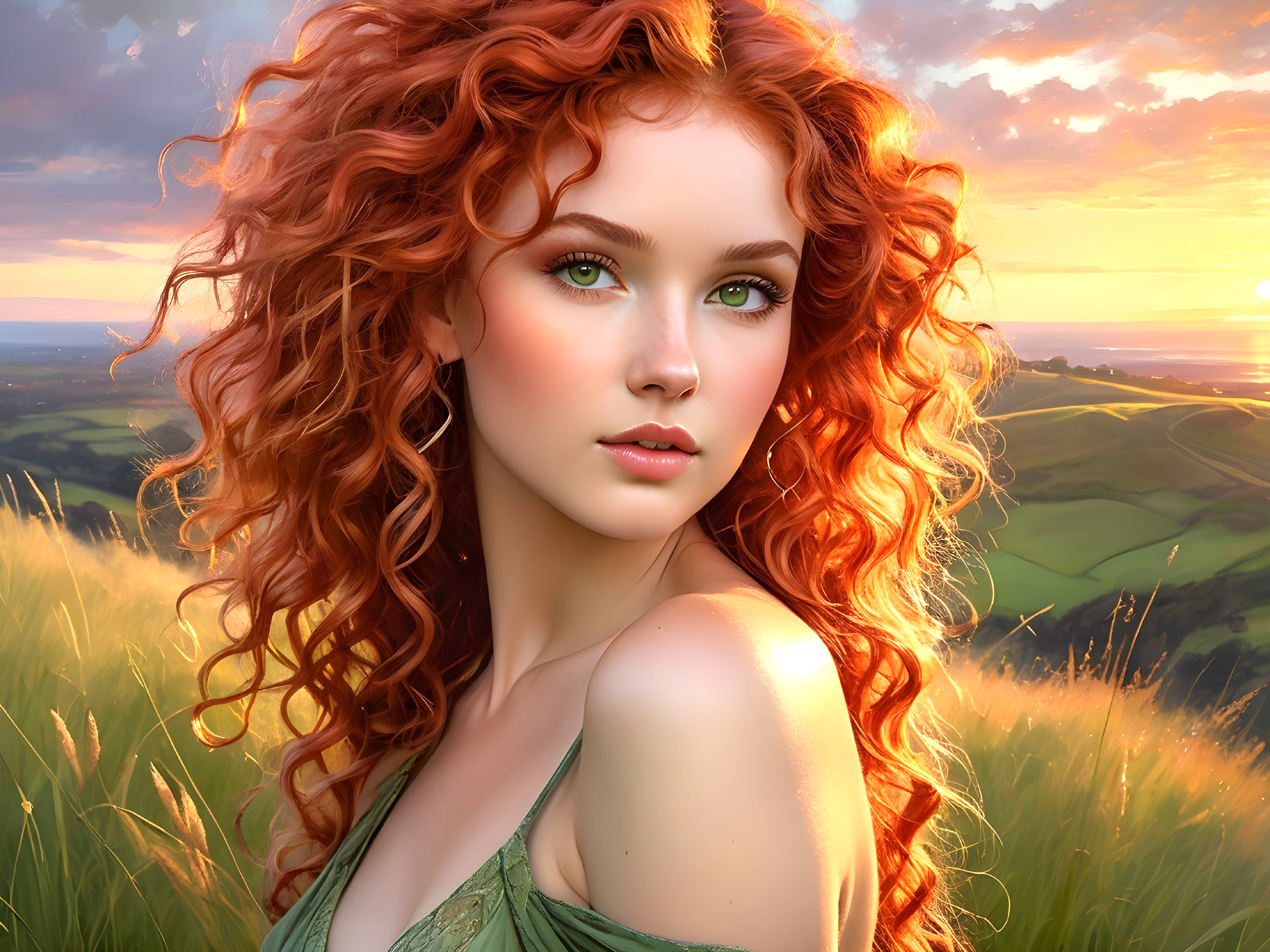 Young woman with red hair and green eyes in nature