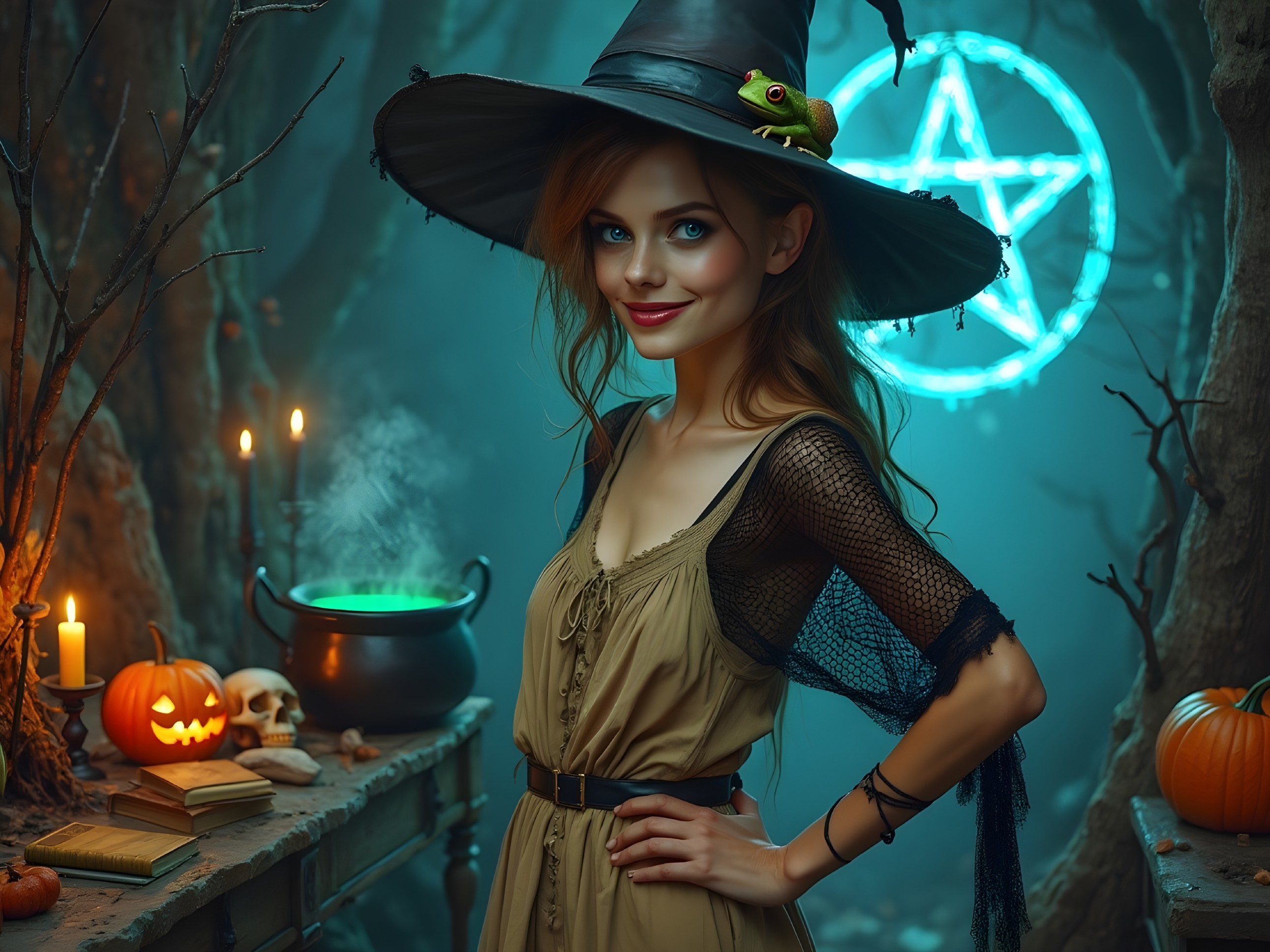 Young witch in mystical forest with glowing pumpkins