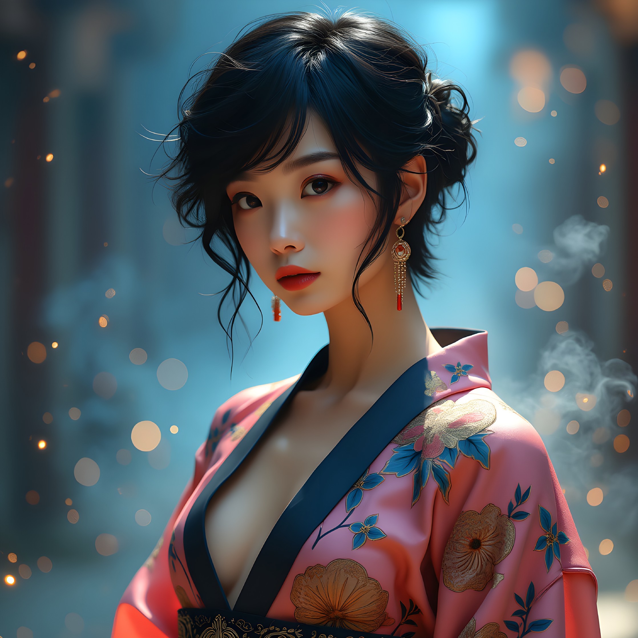 Young Woman in Colorful Floral Kimono with Bokeh Background